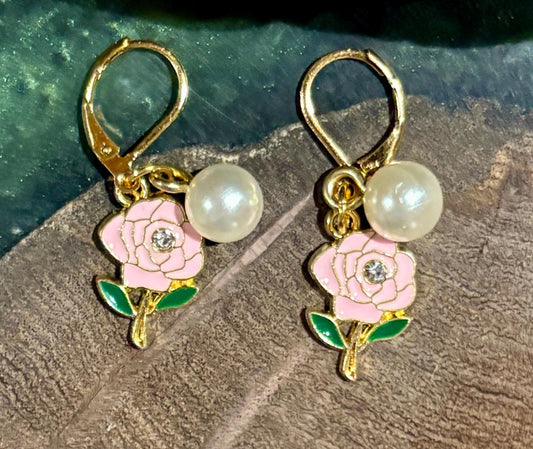 Pink Rose Gemstone Dangle Earrings | Gold Huggie Pearl Accent Earrings Consecrated Jewelry Co.