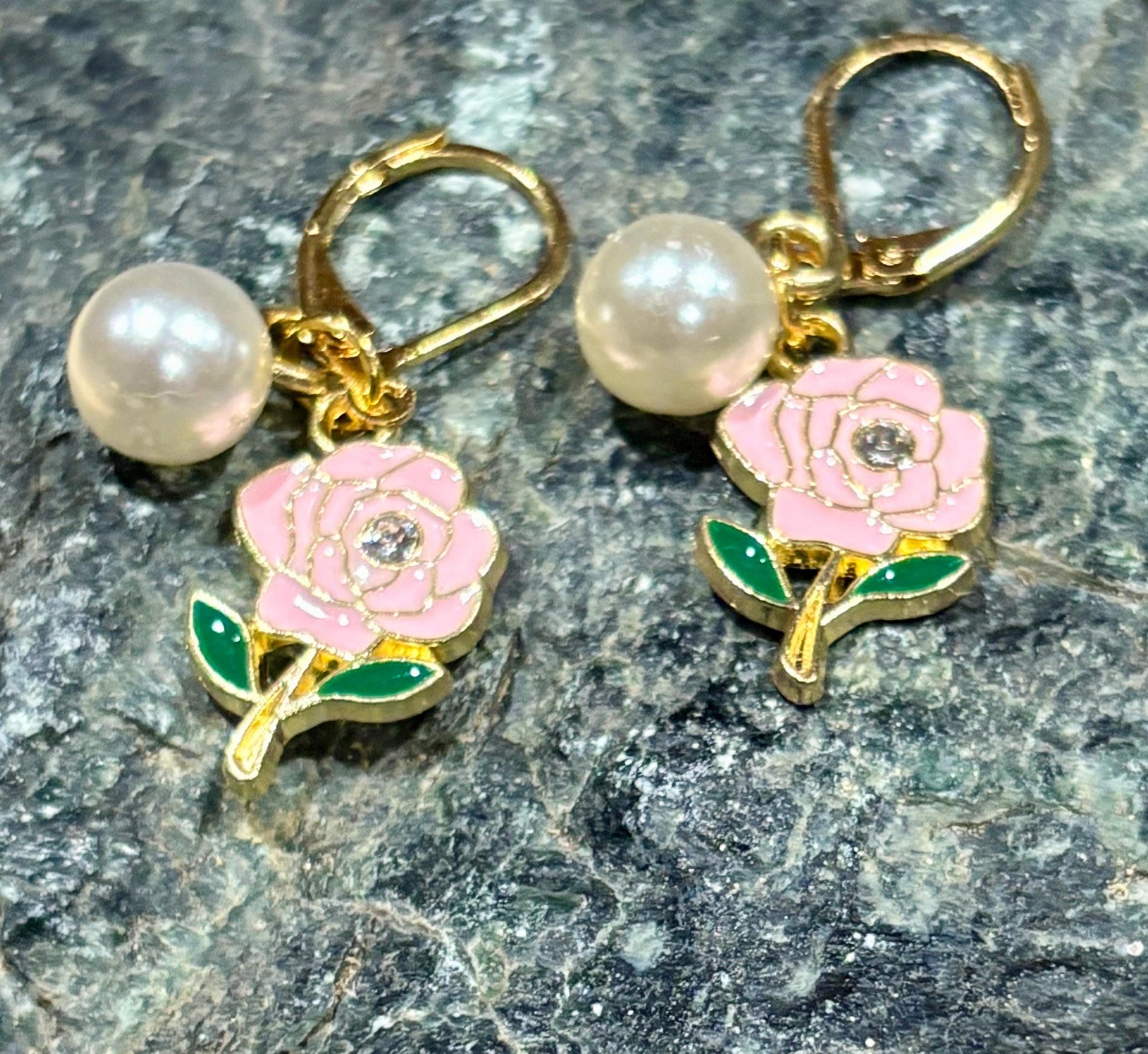 Pink Rose Gemstone Dangle Earrings | Gold Huggie Pearl Accent Earrings Consecrated Jewelry Co.