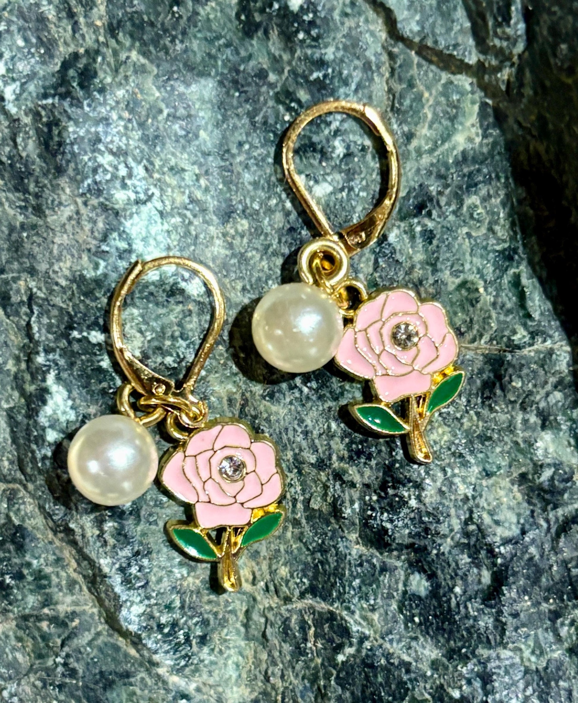 Pink Rose Gemstone Dangle Earrings | Gold Huggie Pearl Accent Earrings Consecrated Jewelry Co.
