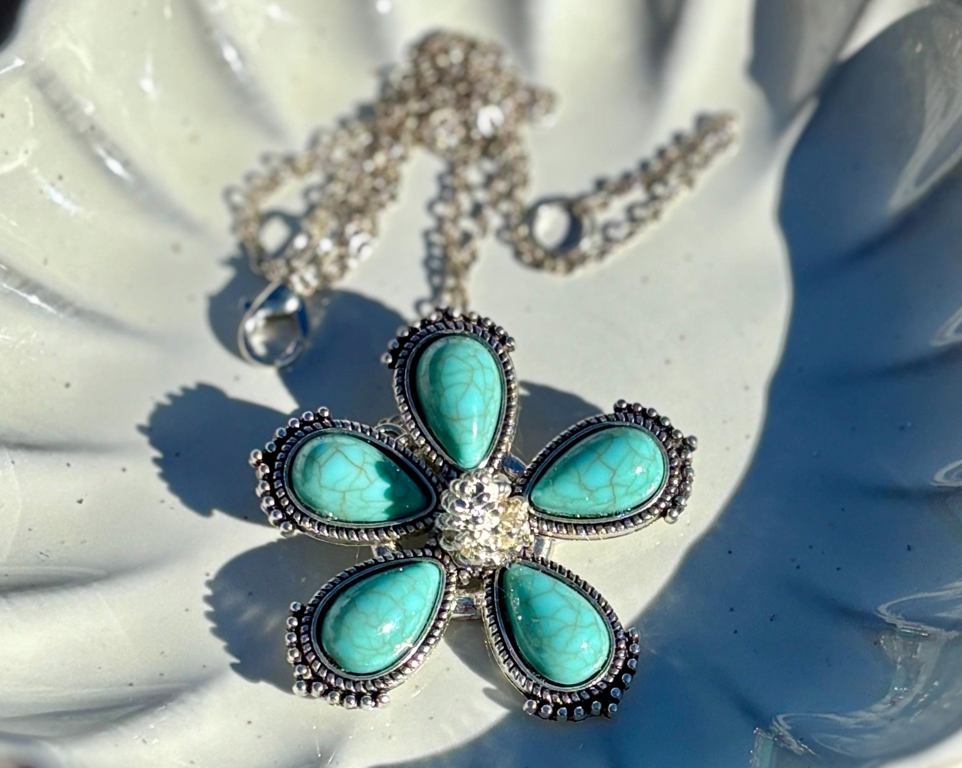 Turquoise Flower Pendant Necklace | Silver Boho Sunburst Teal Necklaces Consecrated Jewelry Co.