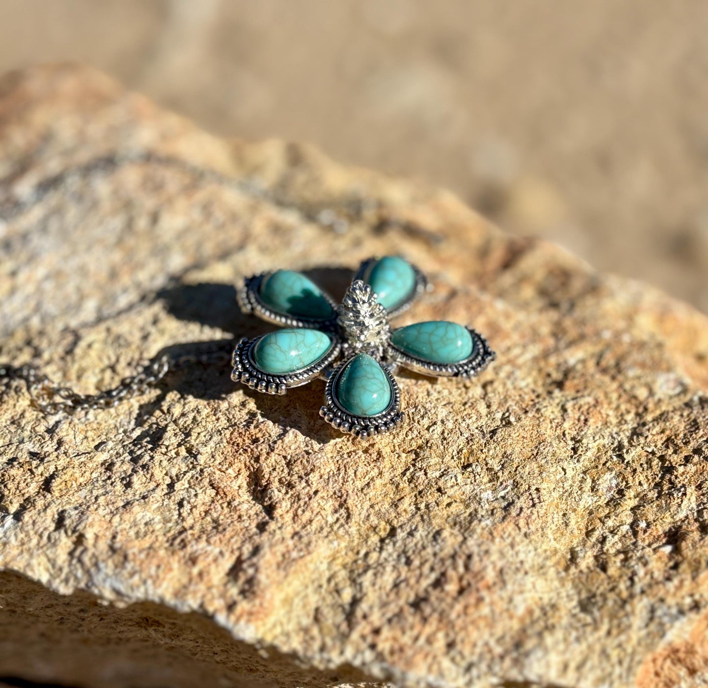 Turquoise Flower Pendant Necklace | Silver Boho Sunburst Teal Necklaces Consecrated Jewelry Co.