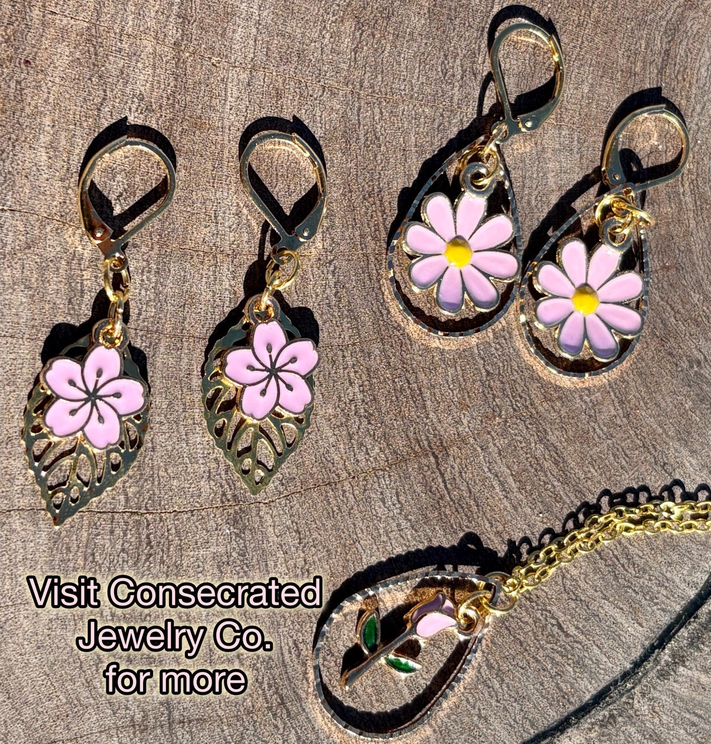 Gold Leaf Teardrop Earrings | Dainty Pink Flower Floral Dangle Earrings Consecrated Jewelry Co.