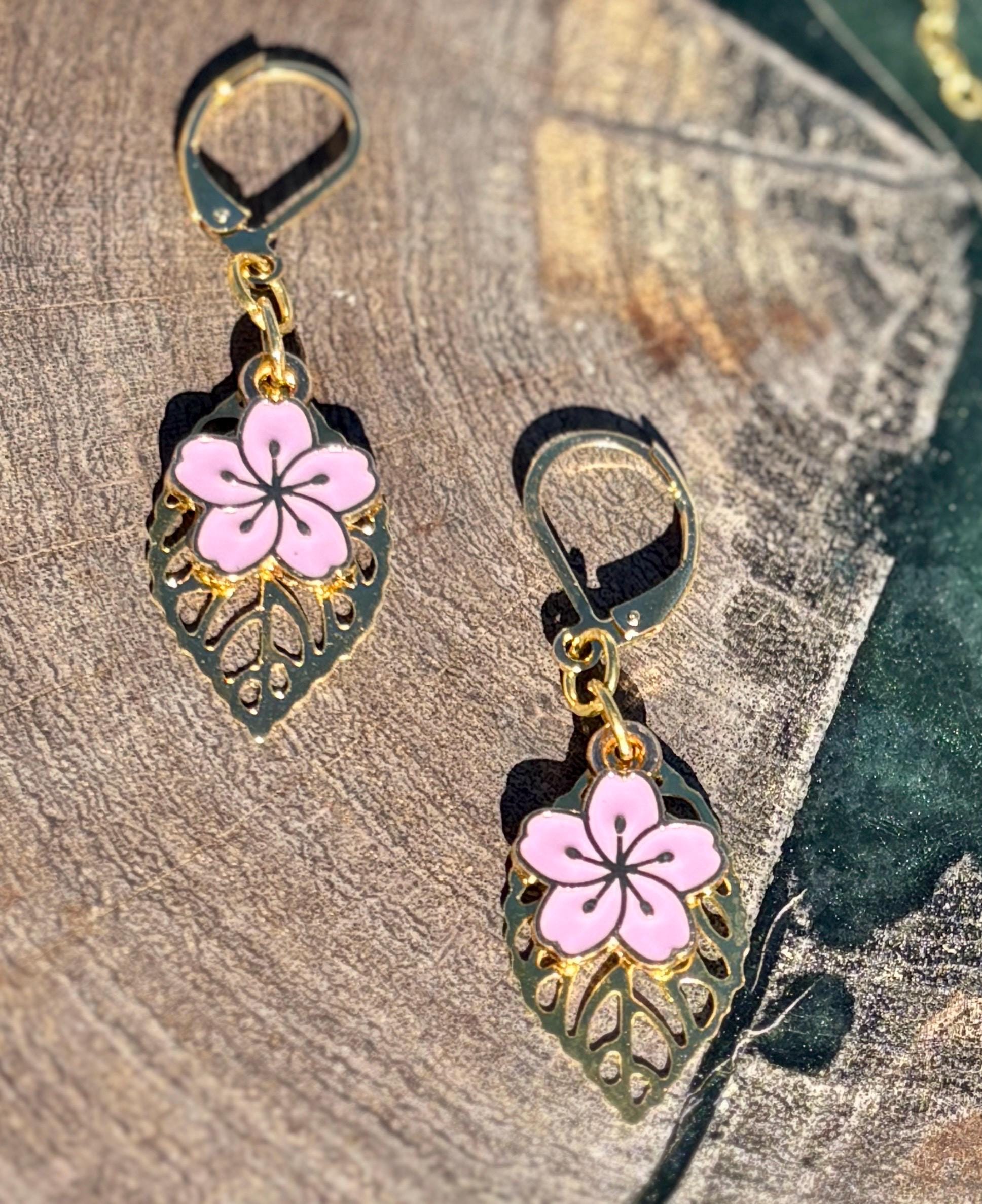 Gold Leaf Teardrop Earrings | Dainty Pink Flower Floral Dangle Earrings Consecrated Jewelry Co.