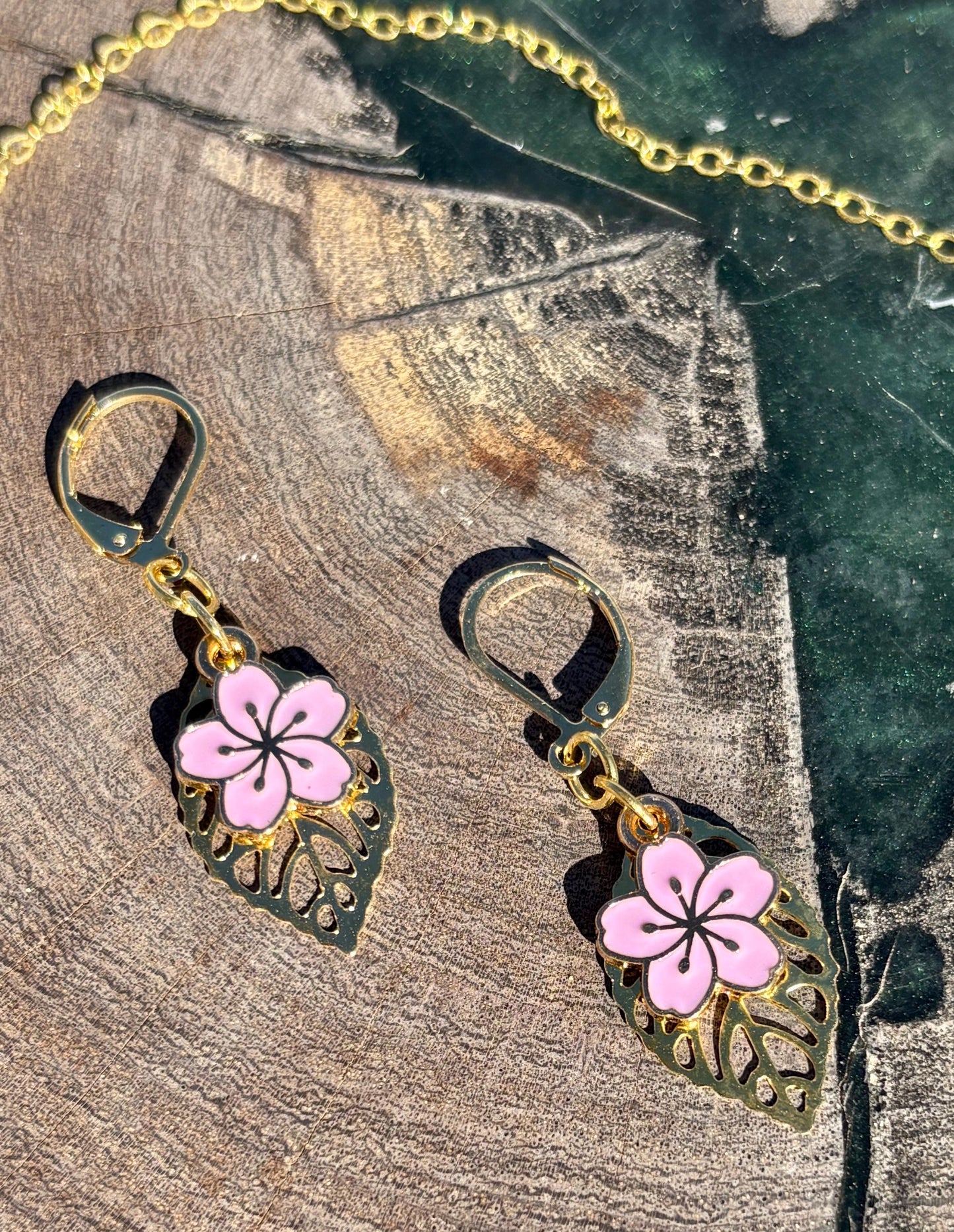 Gold Leaf Teardrop Earrings | Dainty Pink Flower Floral Dangle Earrings Consecrated Jewelry Co.