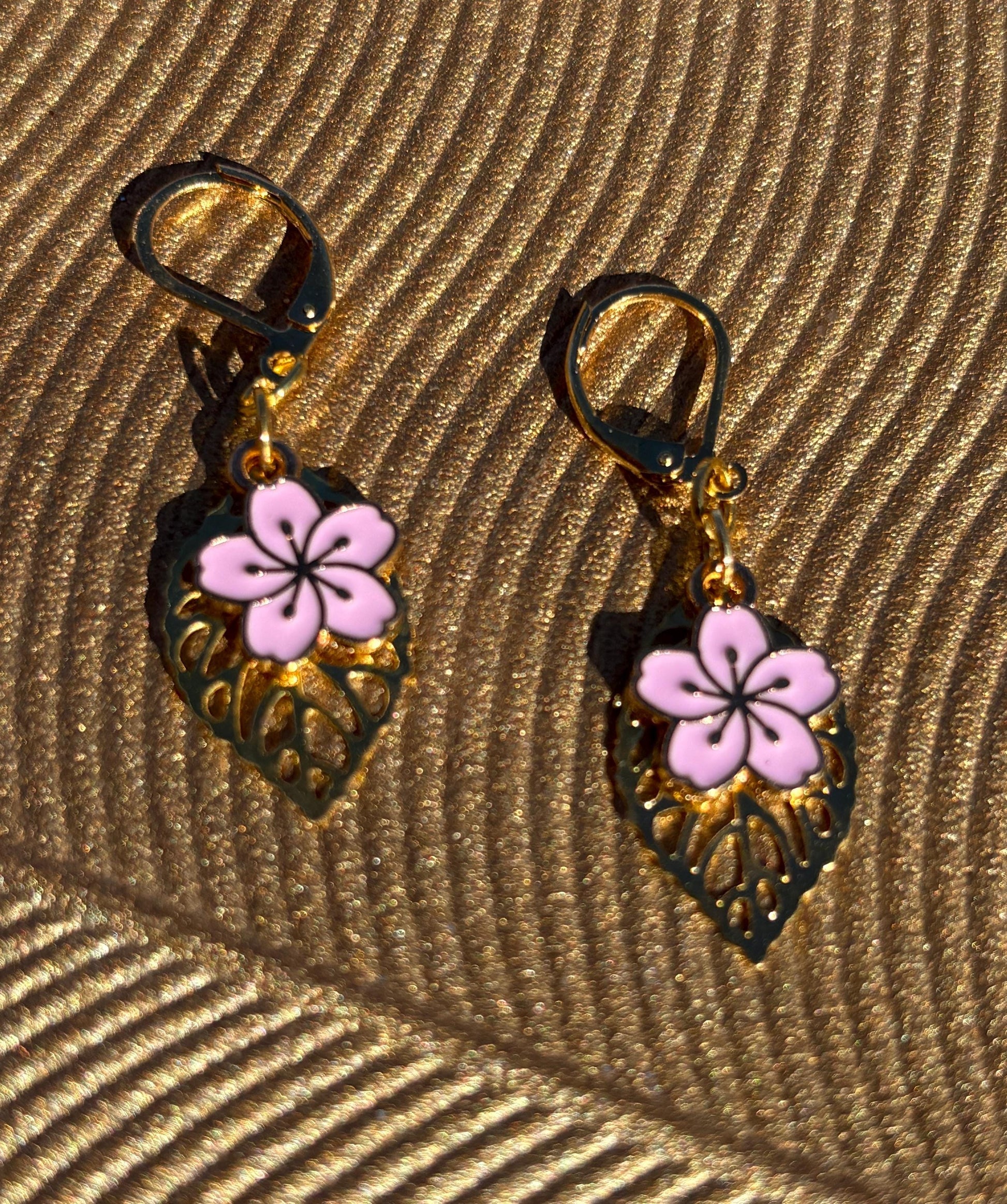 Gold Leaf Teardrop Earrings | Dainty Pink Flower Floral Dangle Earrings Consecrated Jewelry Co.