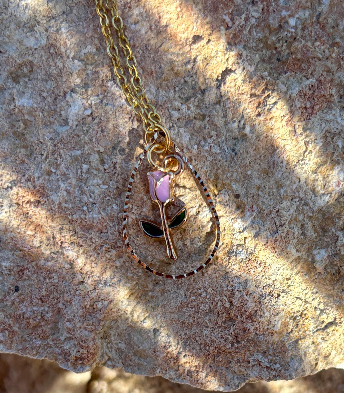 Gold Teardrop Necklace | Pink Rose Flower Pendant Necklaces Consecrated Jewelry Co.