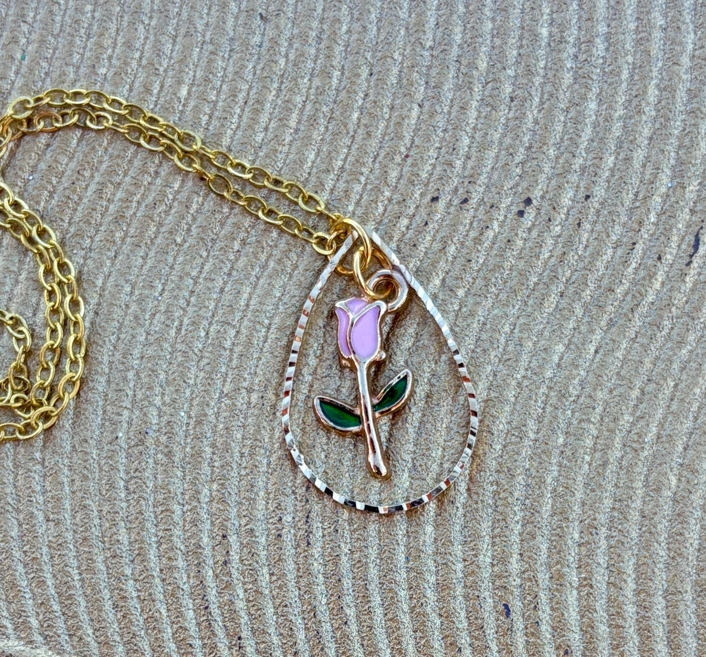 Gold Teardrop Necklace | Pink Rose Flower Pendant Necklaces Consecrated Jewelry Co.