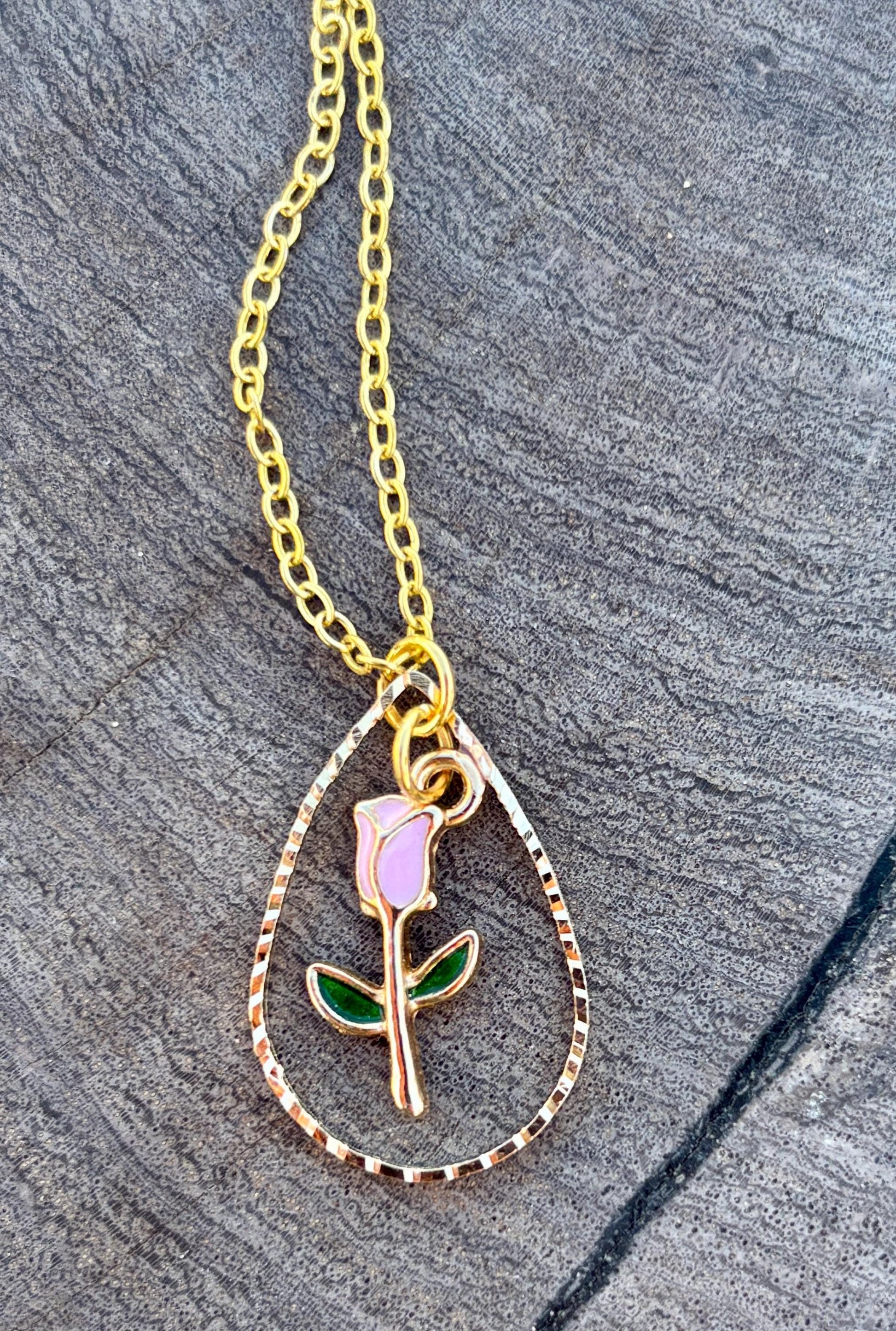 Gold Teardrop Necklace | Pink Rose Flower Pendant Necklaces Consecrated Jewelry Co.