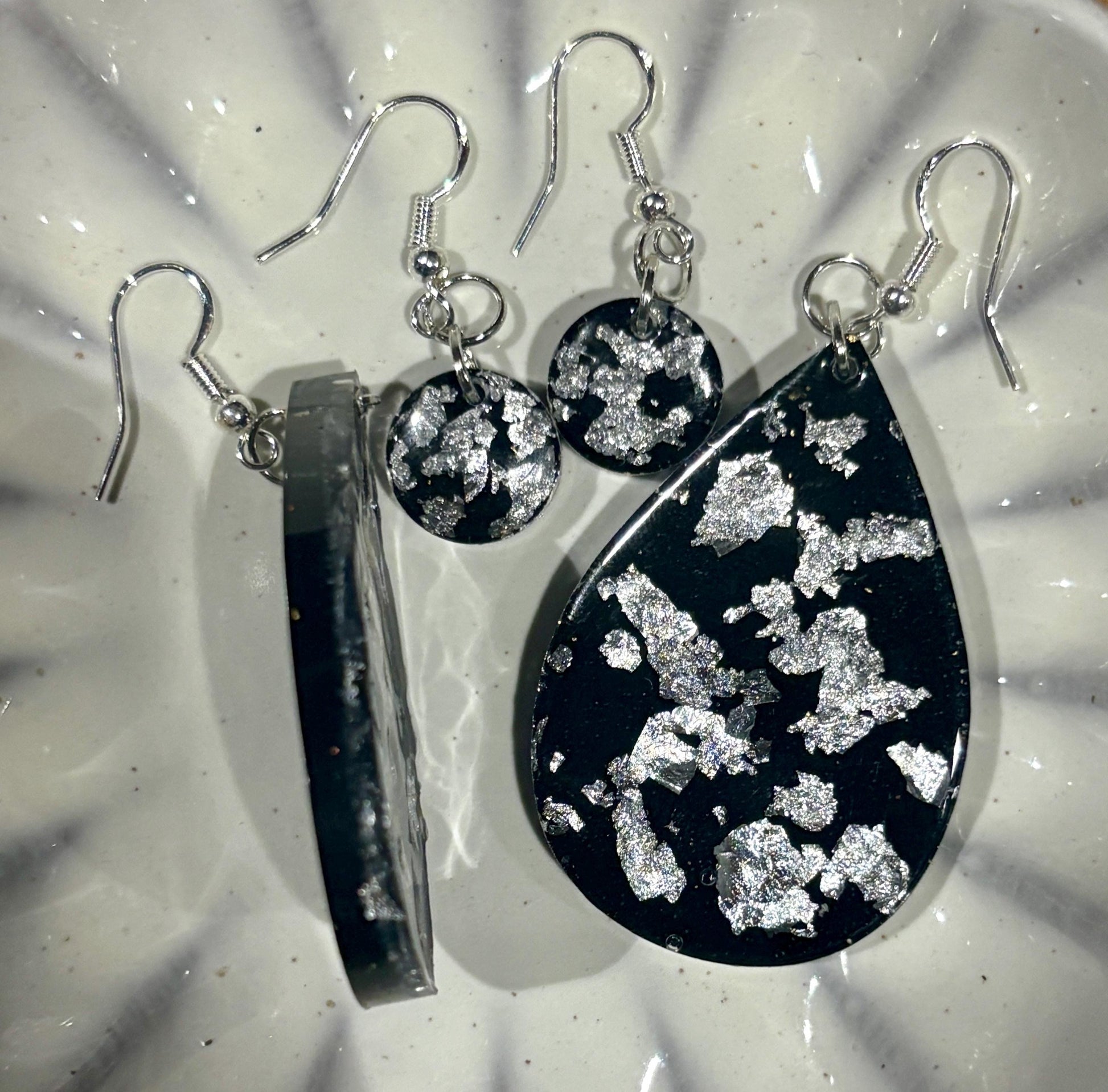 Handmade Glitter Resin Dangle Earrings | Black Gold Silver New Year's Earrings Consecrated Jewelry Co.