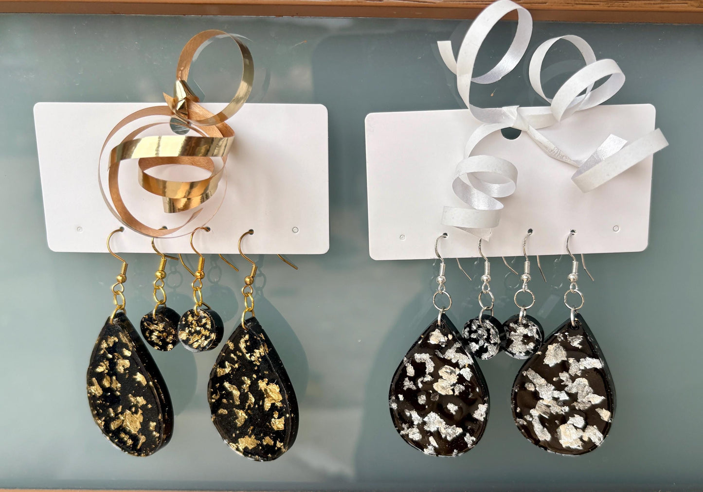 Handmade Glitter Resin Dangle Earrings | Black Gold Silver New Year's Earrings Consecrated Jewelry Co.