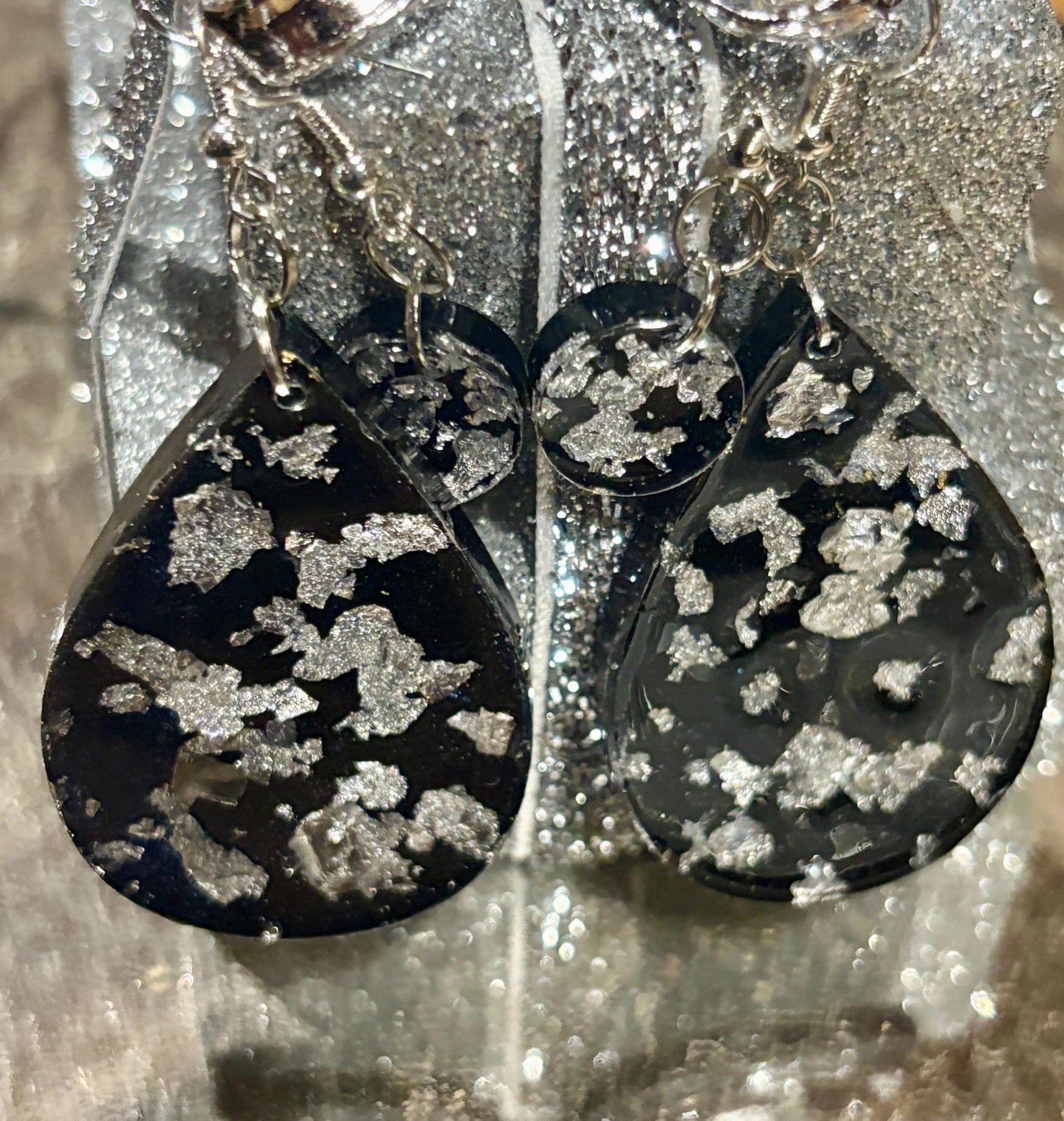 Handmade Glitter Resin Dangle Earrings | Black Gold Silver New Year's Earrings Consecrated Jewelry Co.