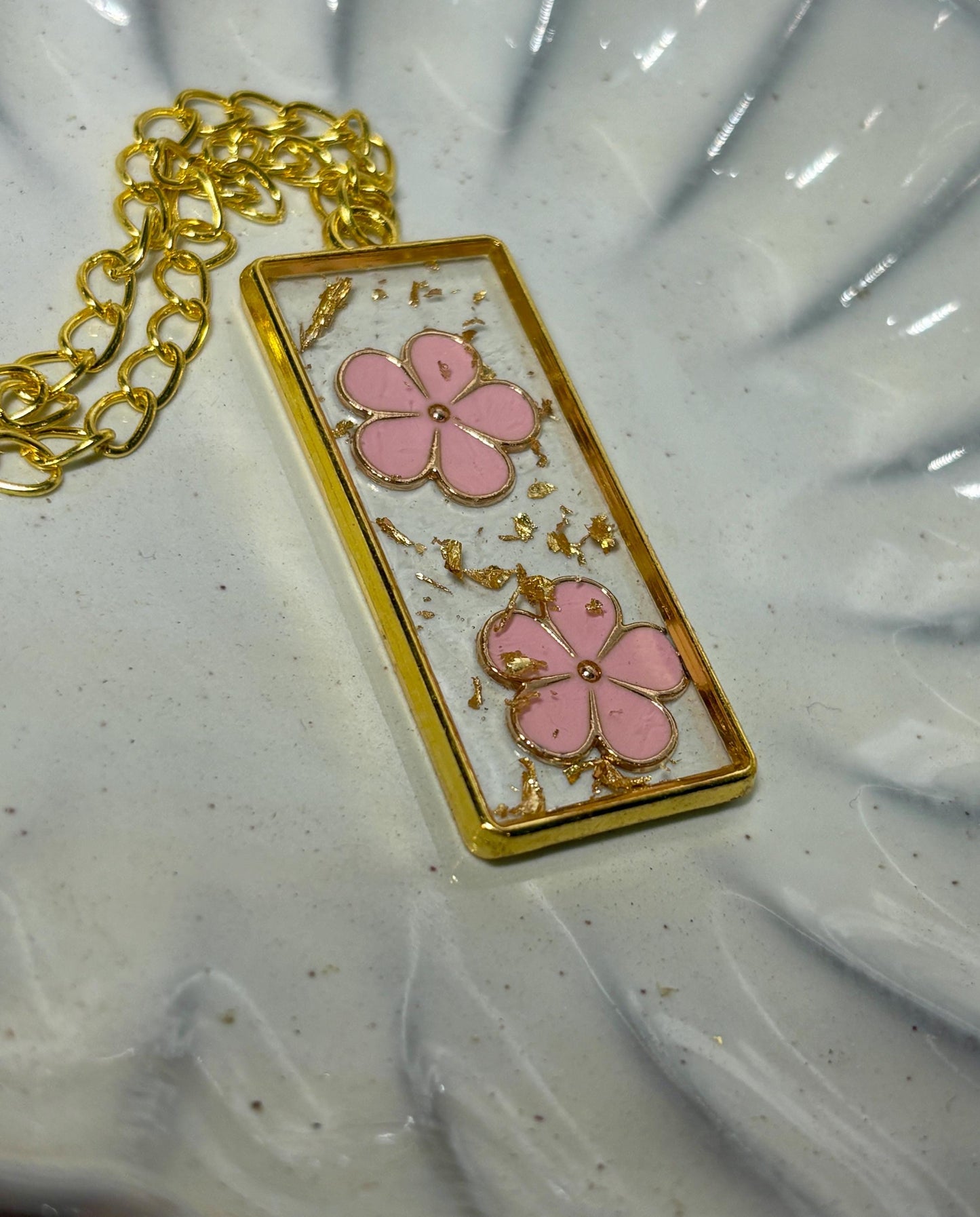 Pink Flower Charm Necklace | Gold Flake Resin Pendant Necklaces Consecrated Jewelry Co.