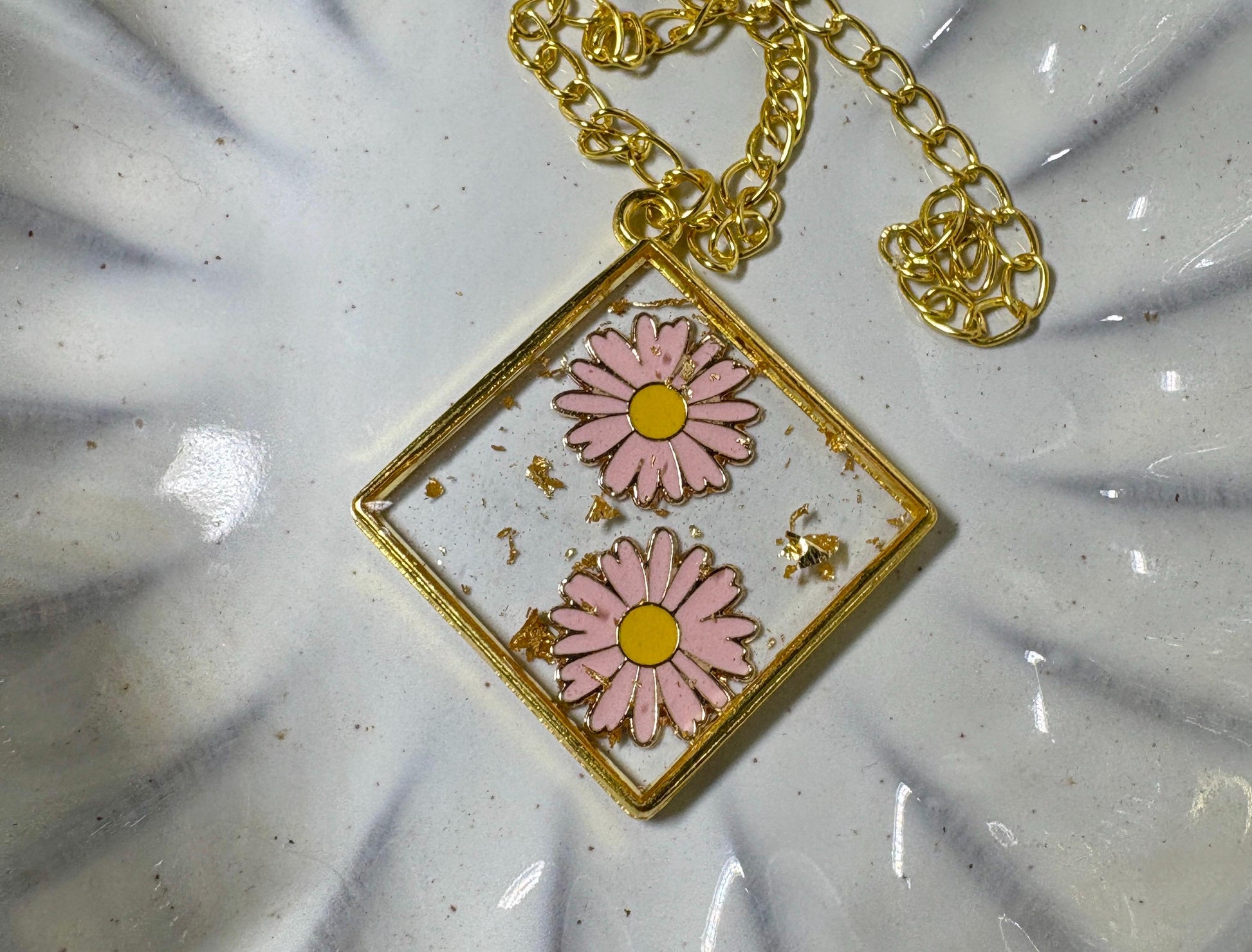 Pink Flower Charm Necklace | Gold Flake Resin Pendant Necklaces Consecrated Jewelry Co.
