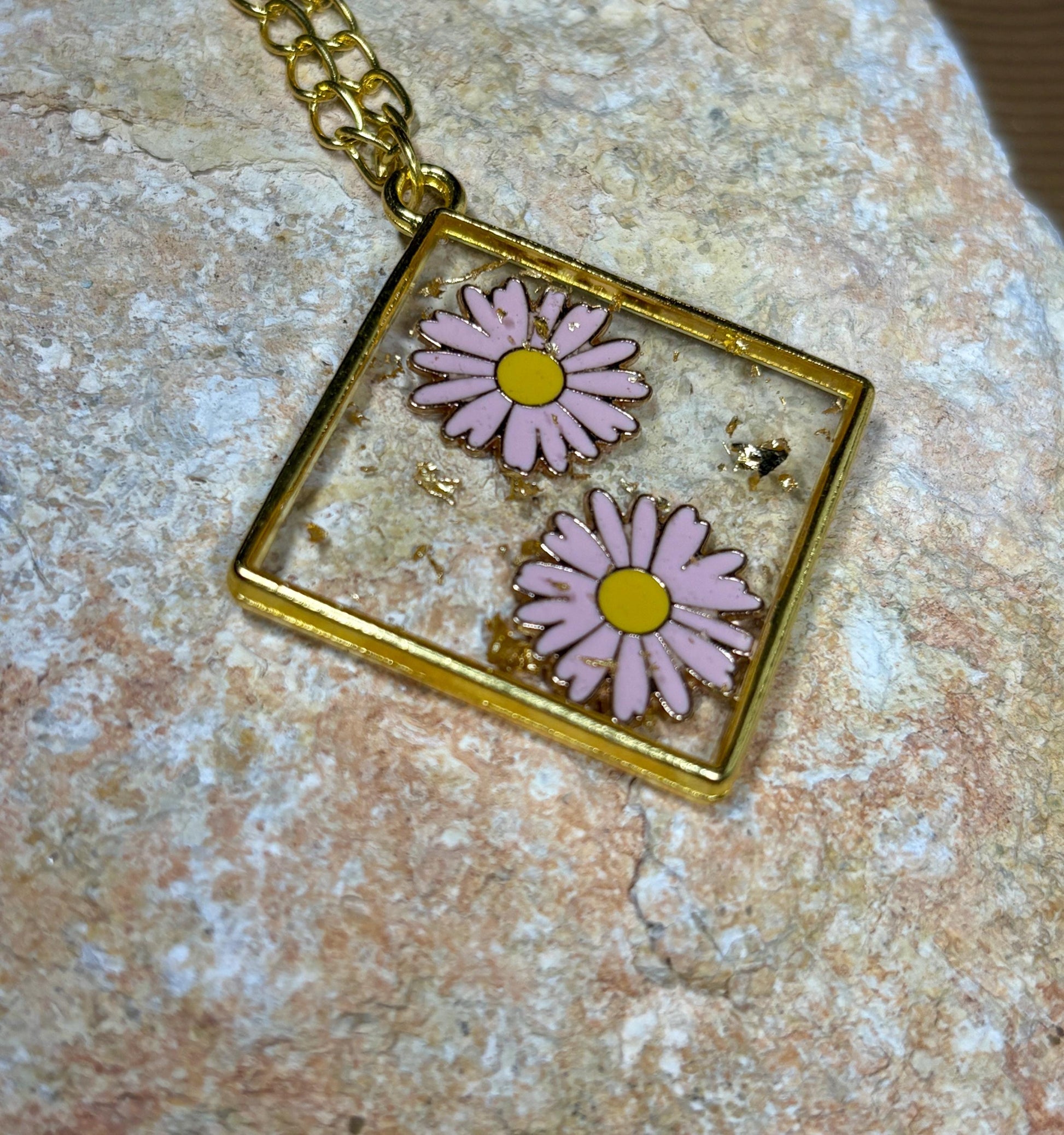 Pink Flower Charm Necklace | Gold Flake Resin Pendant Necklaces Consecrated Jewelry Co.