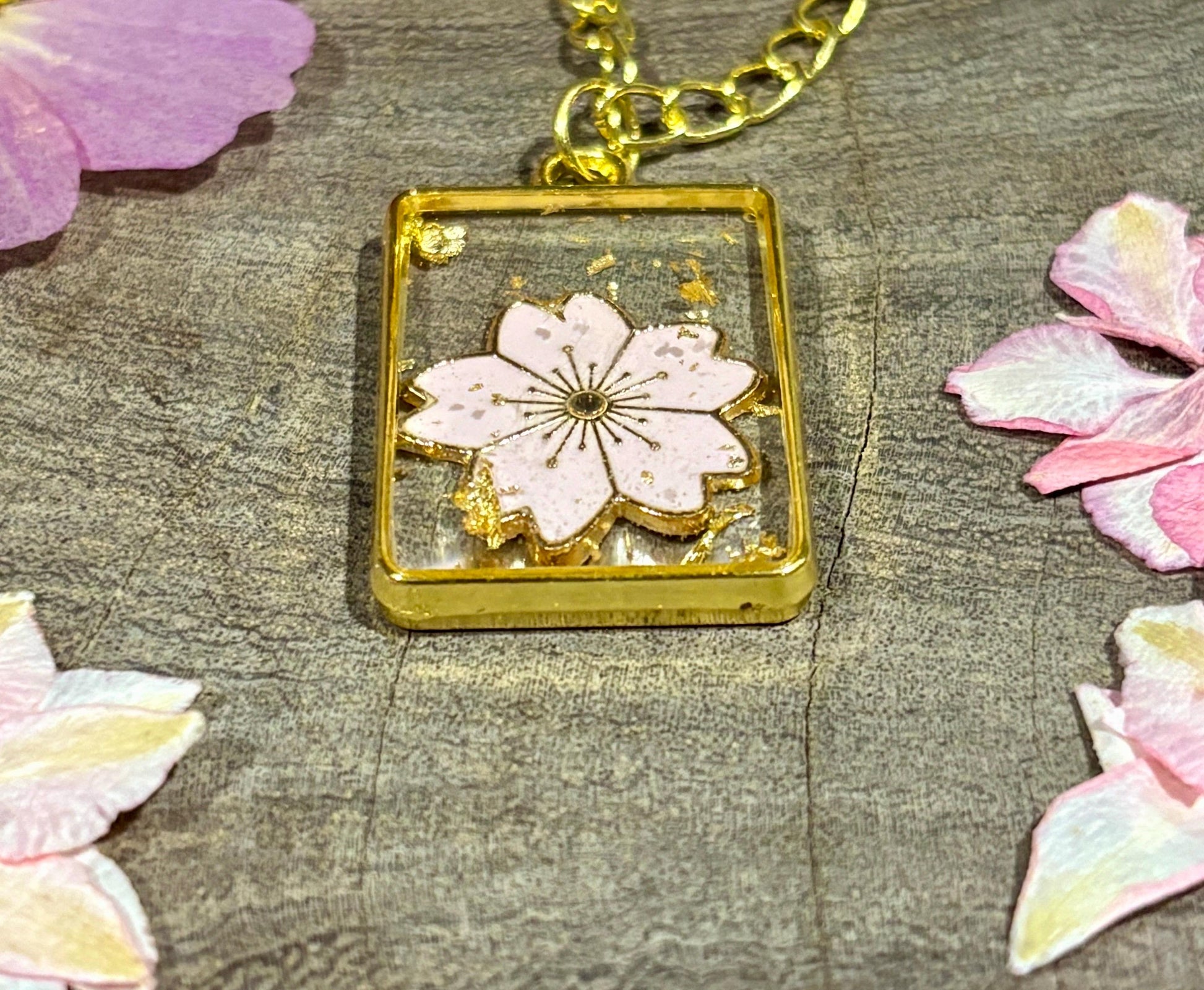 Pink Flower Resin Necklace | Gold Flake Pendant Necklaces Consecrated Jewelry Co.