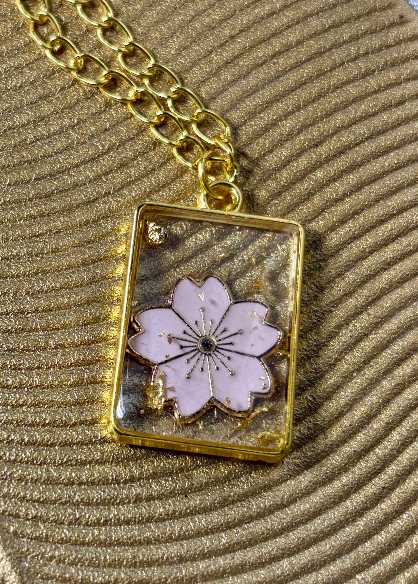Pink Flower Resin Necklace | Gold Flake Pendant Necklaces Consecrated Jewelry Co.