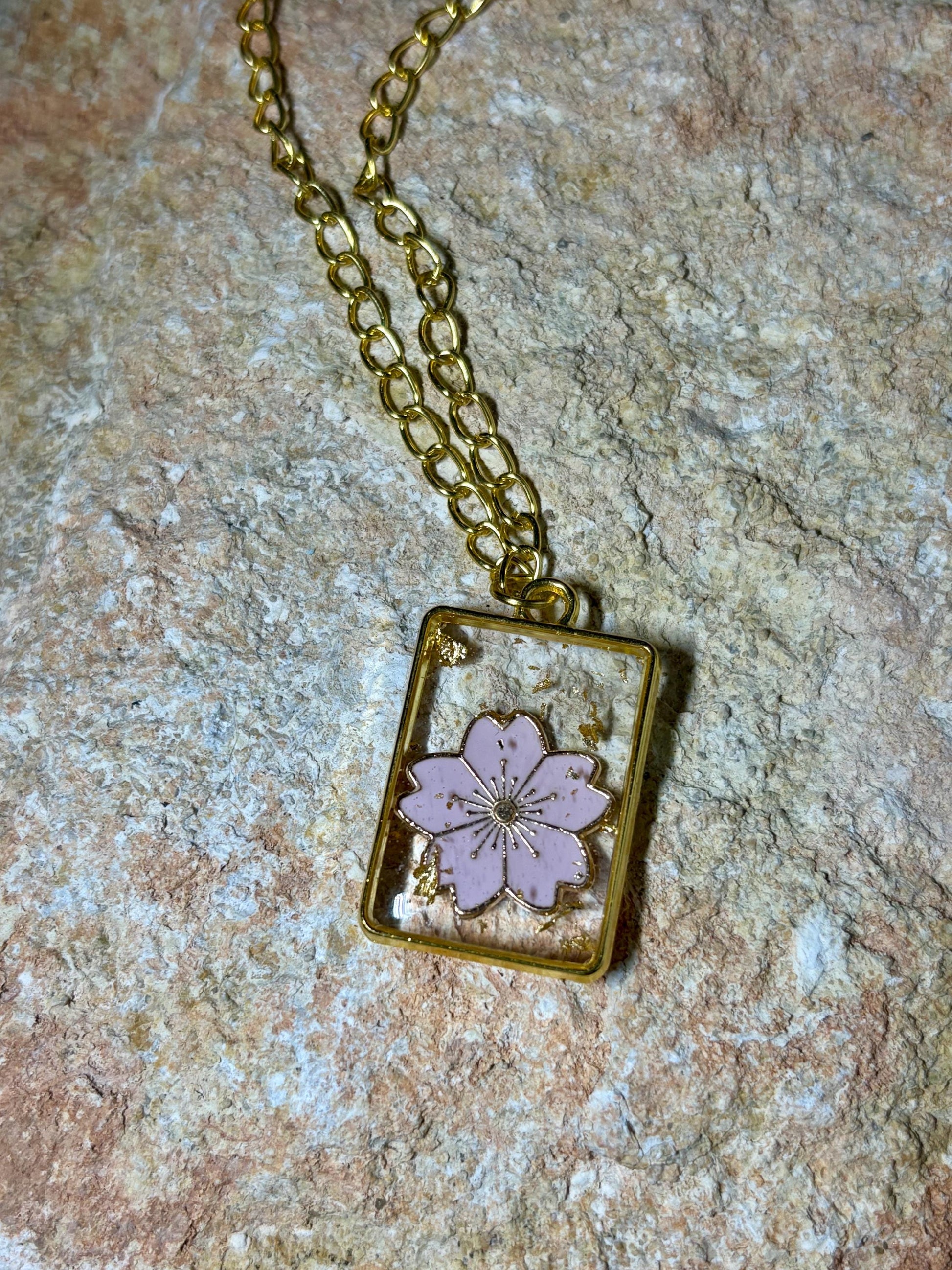 Pink Flower Resin Necklace | Gold Flake Pendant Necklaces Consecrated Jewelry Co.