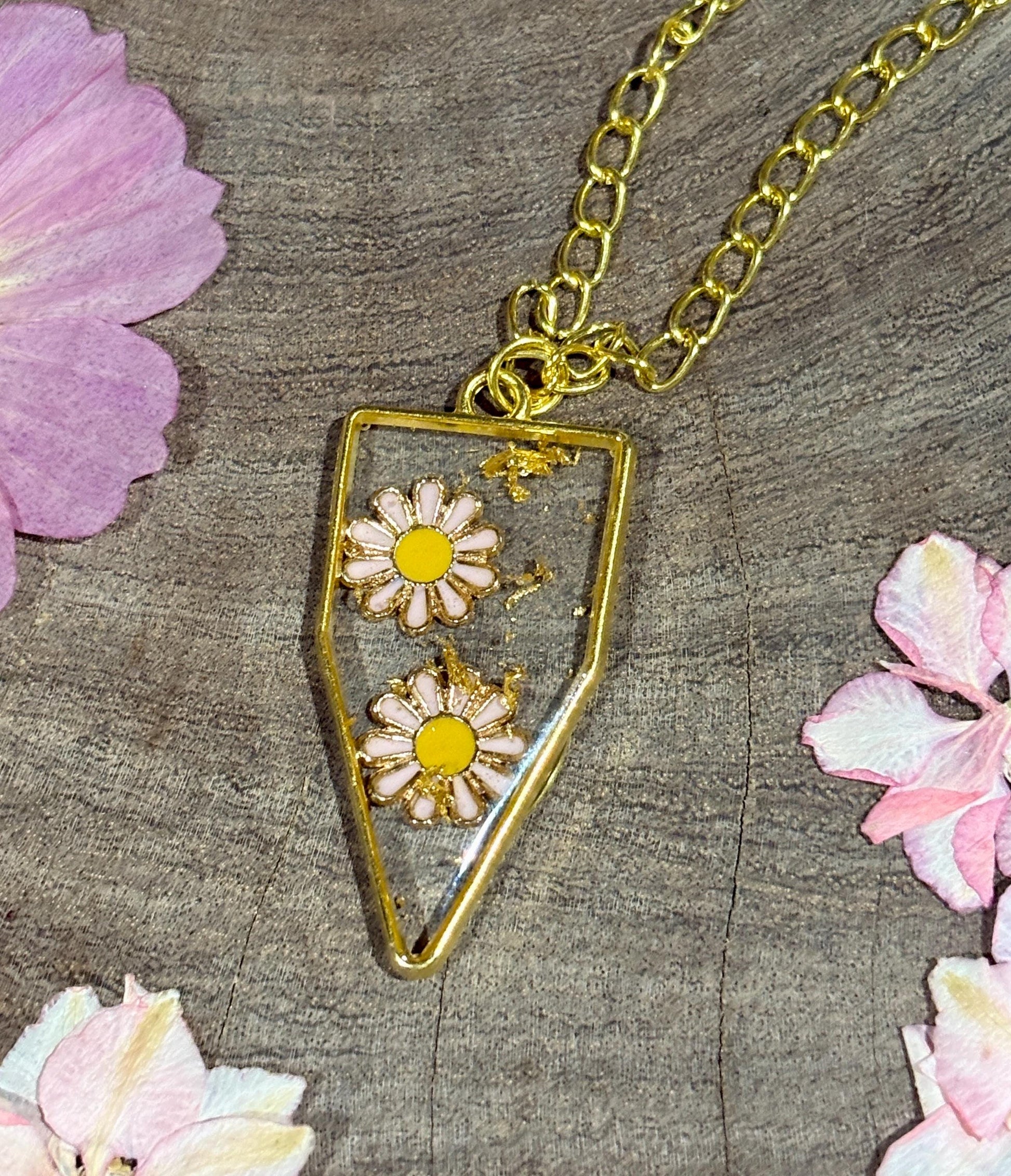 Pink Flower Resin Pendant Necklace | Gold Flake Geometric Frame Necklaces Consecrated Jewelry Co.