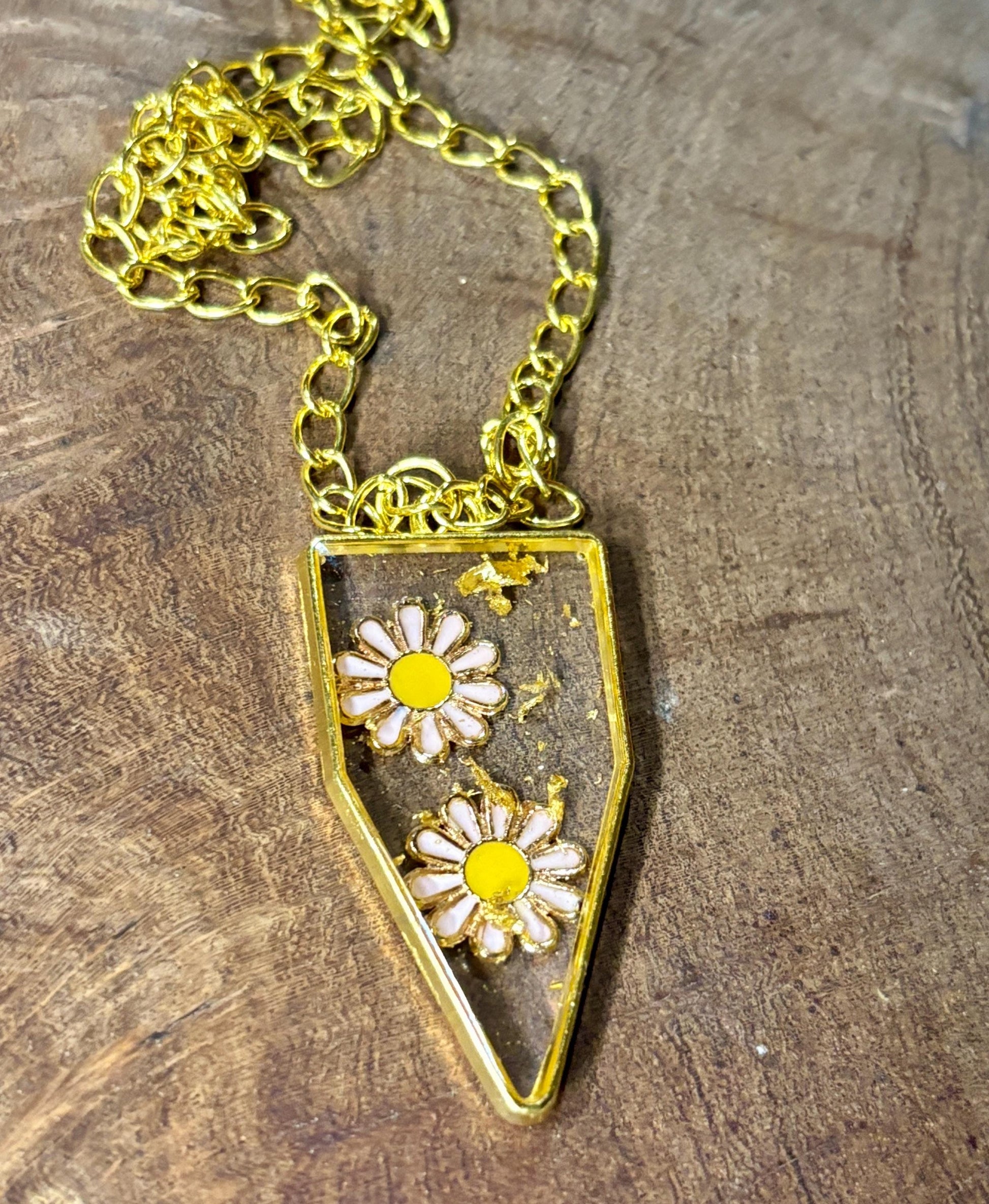 Pink Flower Resin Pendant Necklace | Gold Flake Geometric Frame Necklaces Consecrated Jewelry Co.