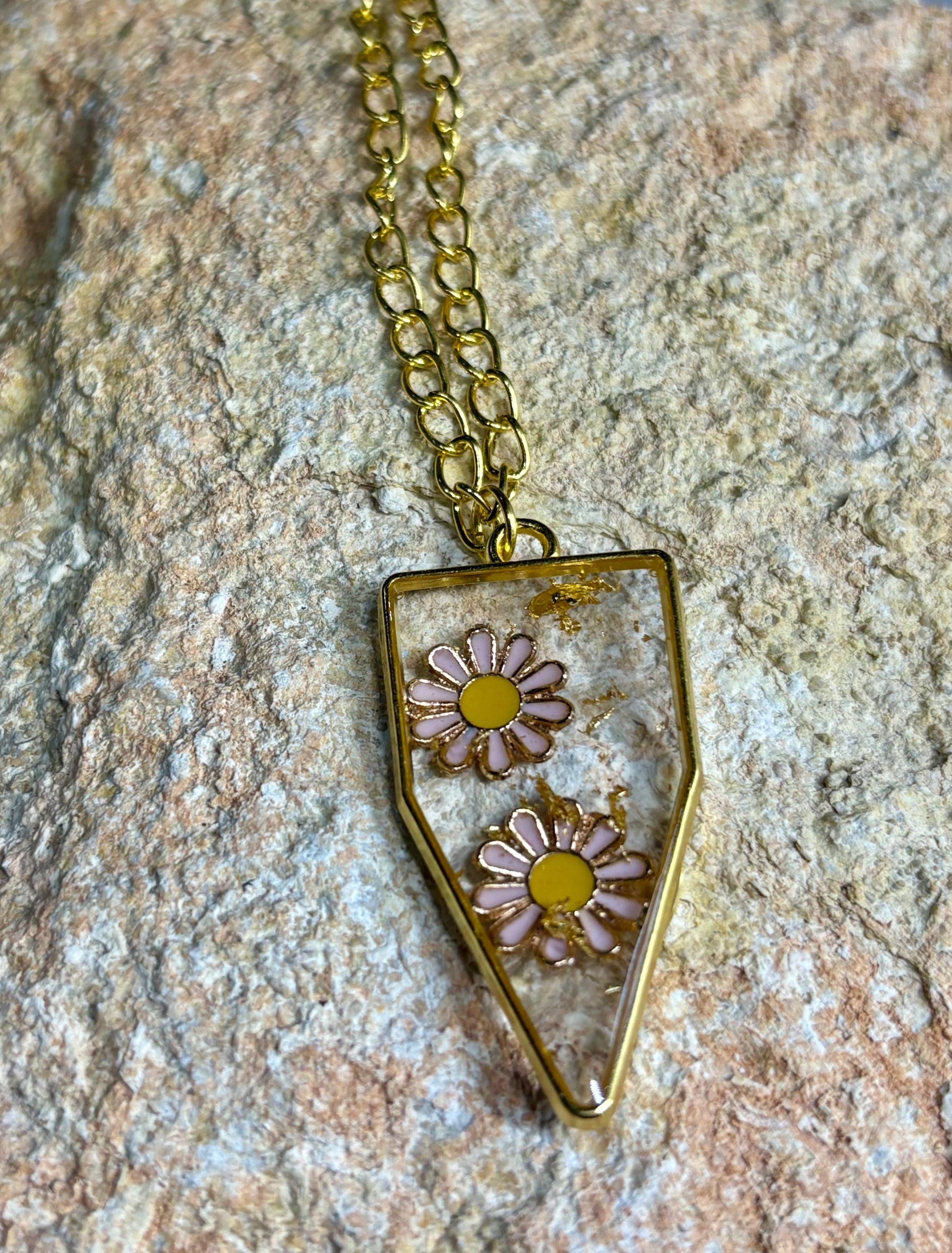 Pink Flower Resin Pendant Necklace | Gold Flake Geometric Frame Necklaces Consecrated Jewelry Co.