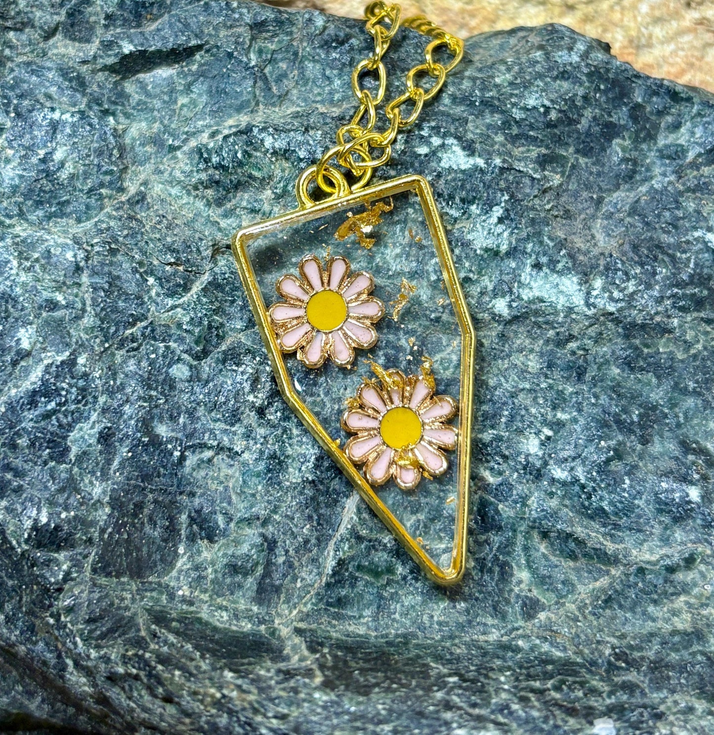 Pink Flower Resin Pendant Necklace | Gold Flake Geometric Frame Necklaces Consecrated Jewelry Co.