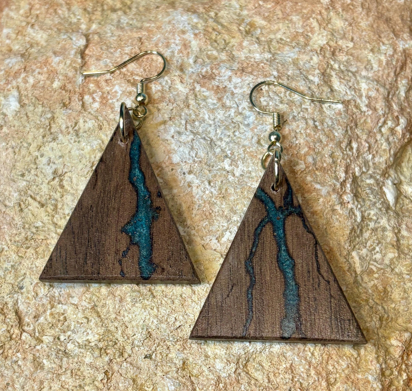 Black Walnut Geometric Triangle Earrings | Teal Turquoise Resin Earrings Consecrated Jewelry Co.