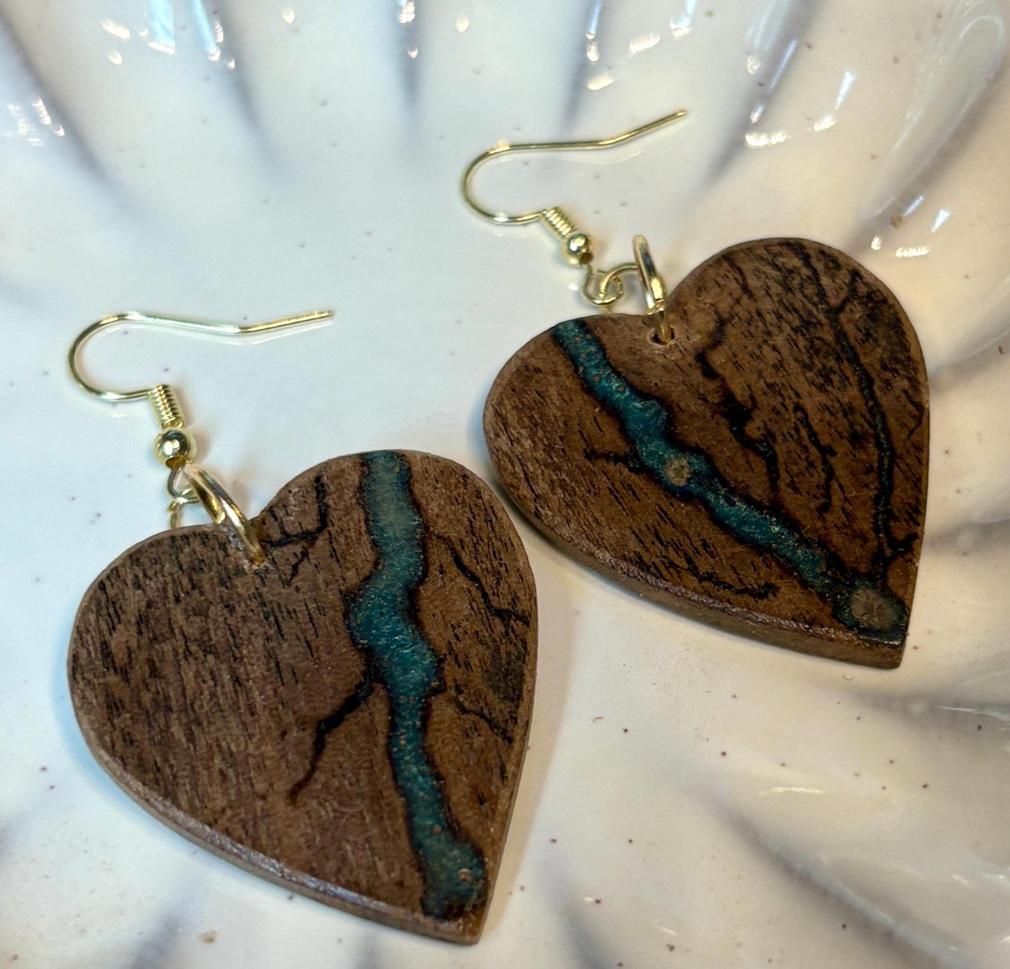 Black Walnut Heart Dangle Earrings | Teal Resin Boho Wood Earrings Consecrated Jewelry Co.