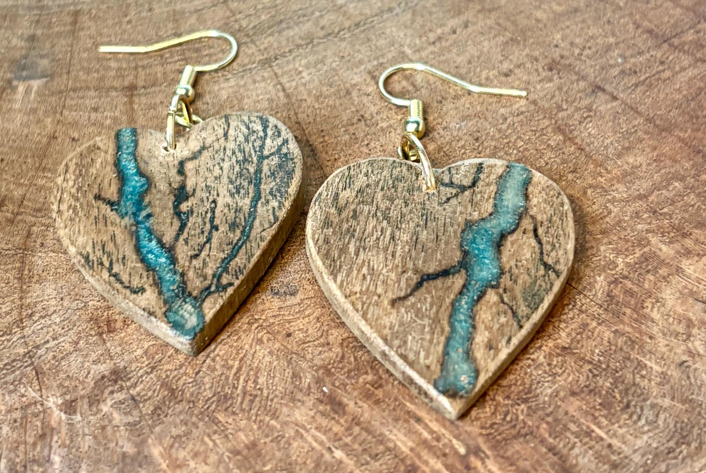 Black Walnut Heart Dangle Earrings | Teal Resin Boho Wood Earrings Consecrated Jewelry Co.