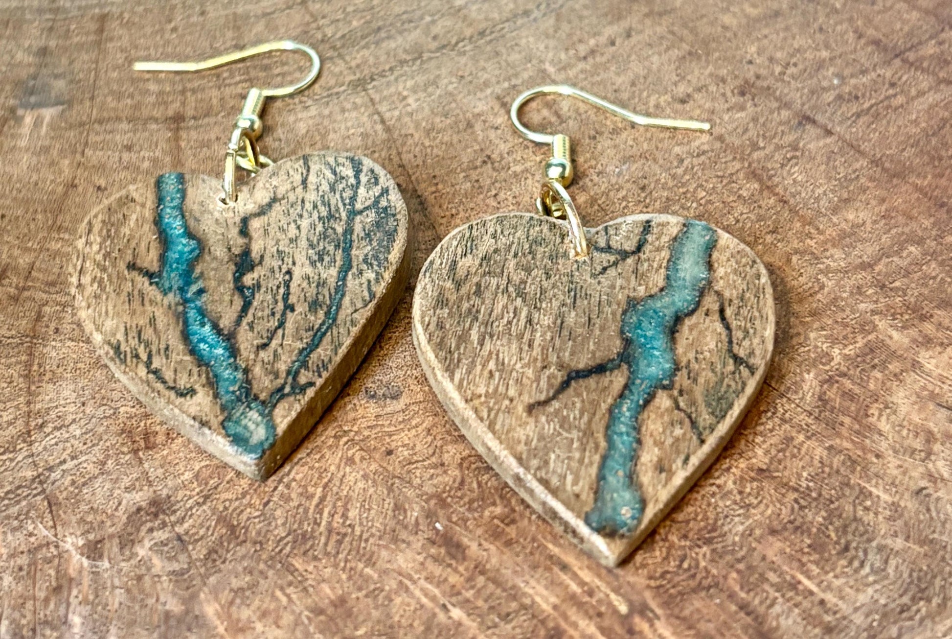 Black Walnut Heart Dangle Earrings | Teal Resin Boho Wood Earrings Consecrated Jewelry Co.