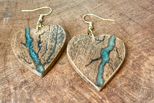 Black Walnut Heart Dangle Earrings | Teal Resin Boho Wood Earrings Consecrated Jewelry Co.