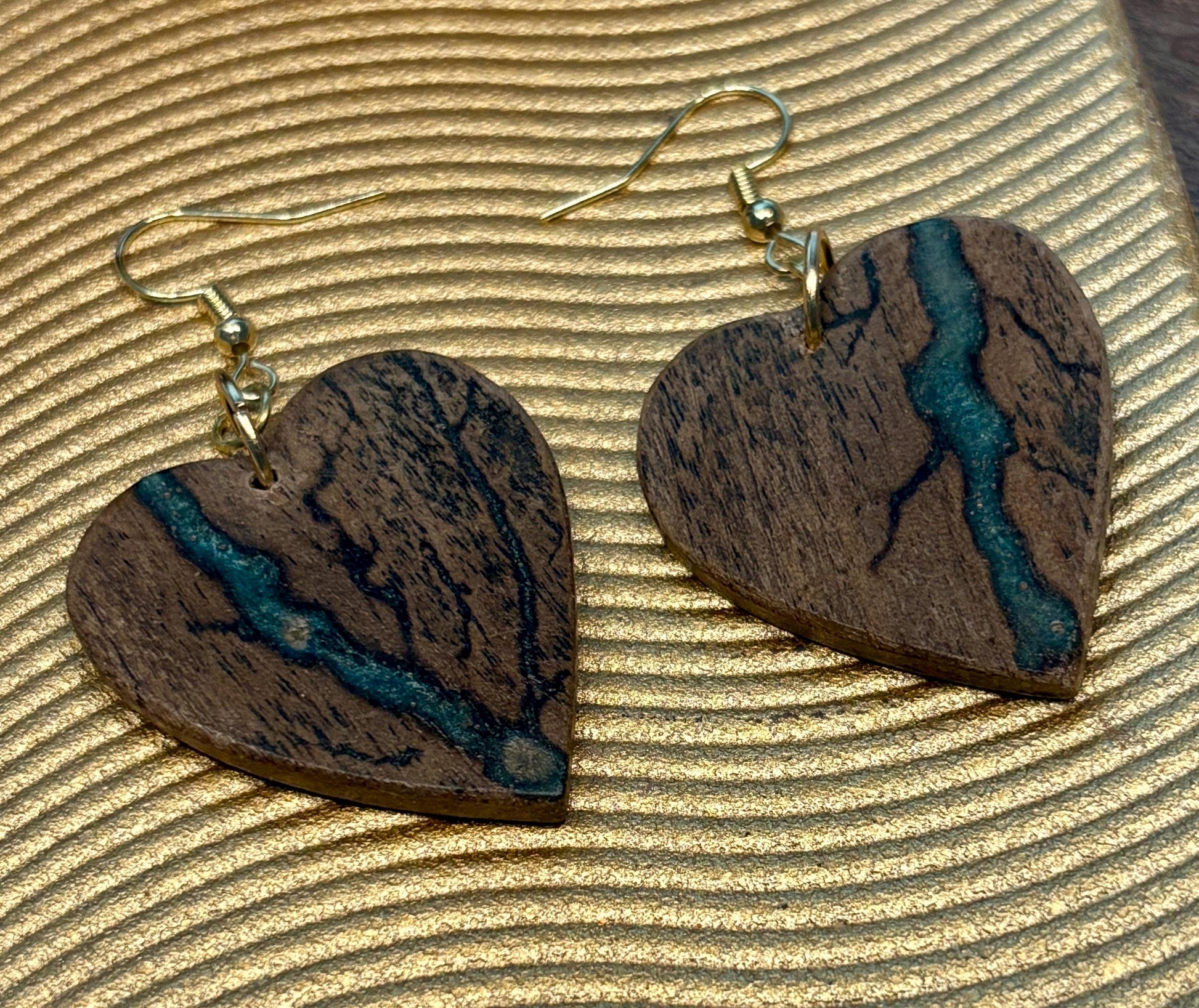 Black Walnut Heart Dangle Earrings | Teal Resin Boho Wood Earrings Consecrated Jewelry Co.