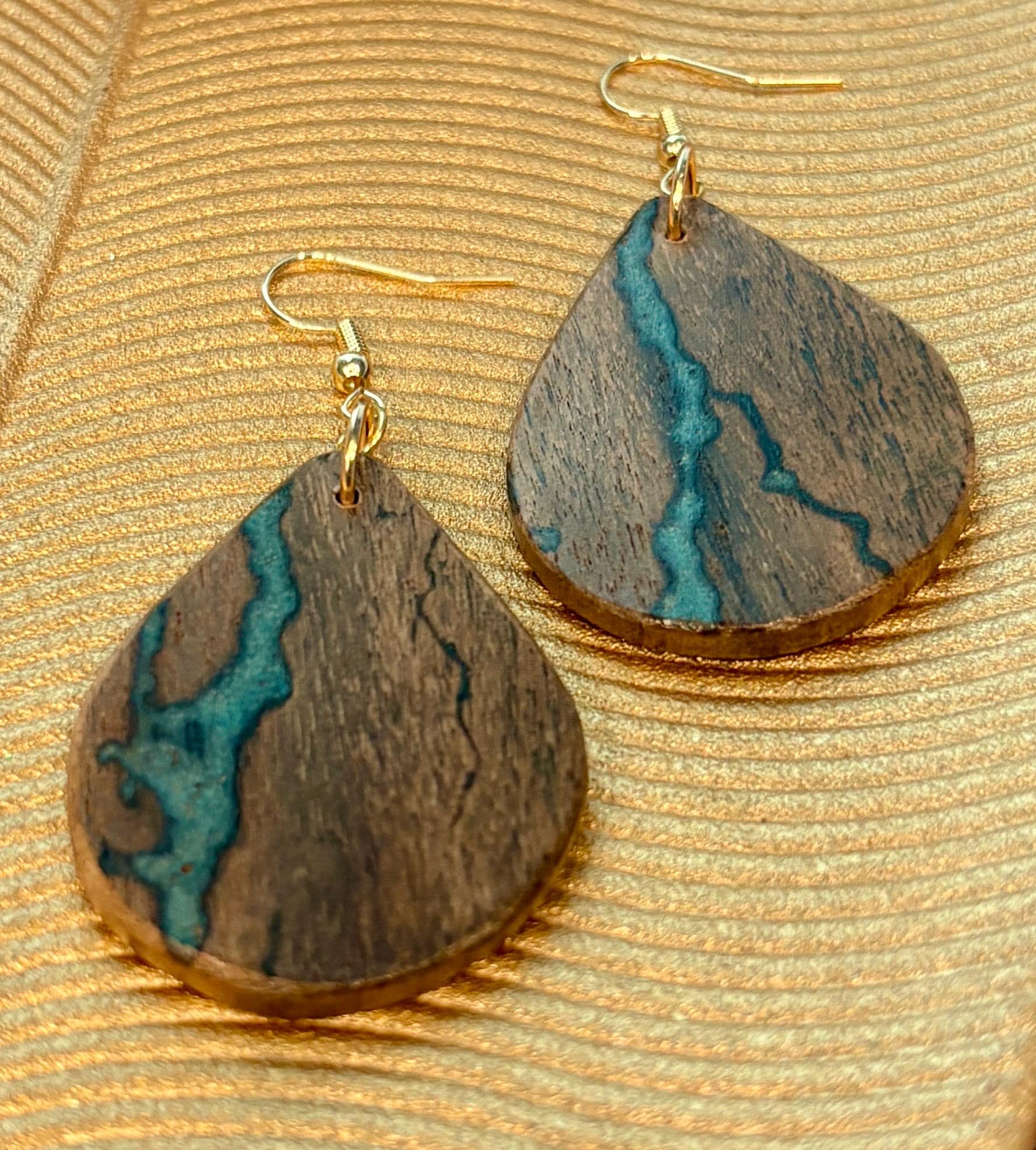 Black Walnut Teardrop Earrings | Teal Resin Inlay Boho Wood Earrings Consecrated Jewelry Co.