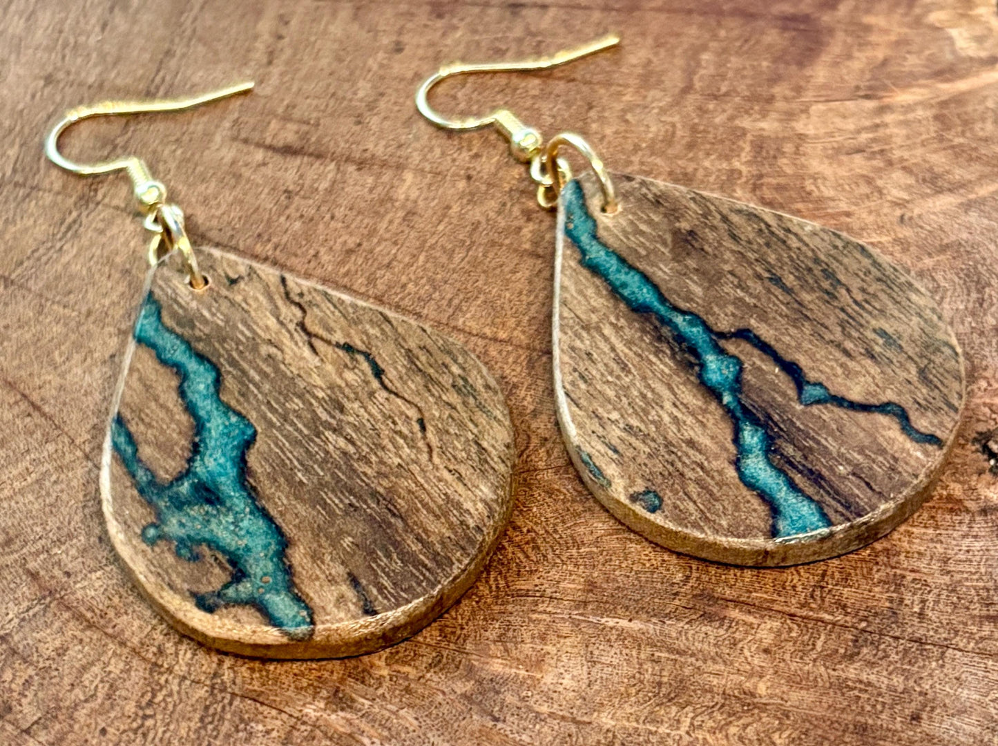 Black Walnut Teardrop Earrings | Teal Resin Inlay Boho Wood Earrings Consecrated Jewelry Co.