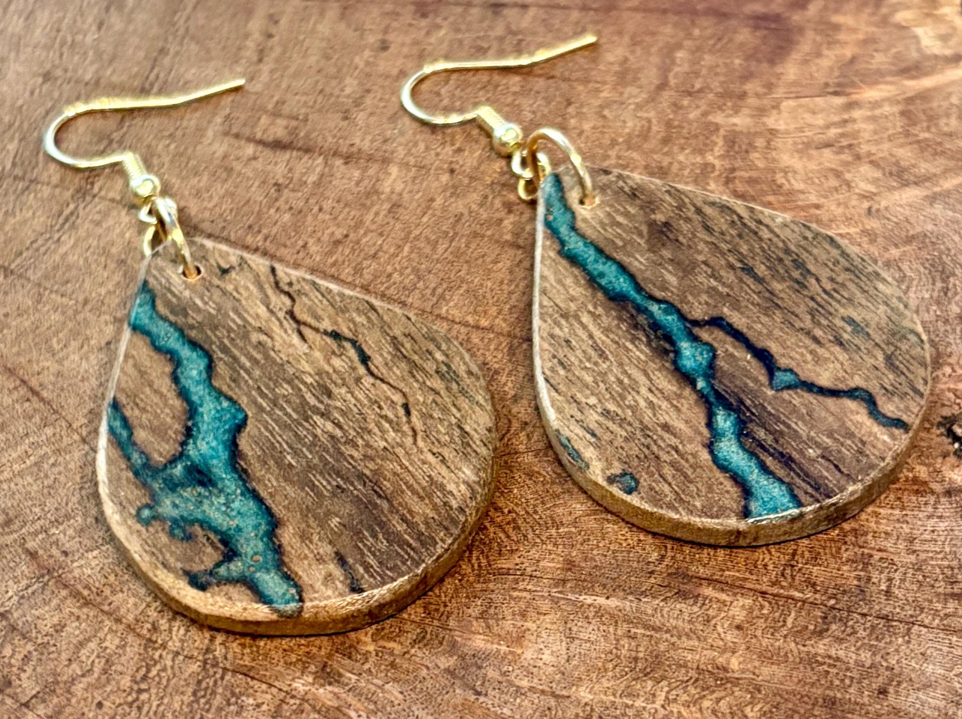 Black Walnut Teardrop Earrings | Teal Resin Inlay Boho Wood Earrings Consecrated Jewelry Co.