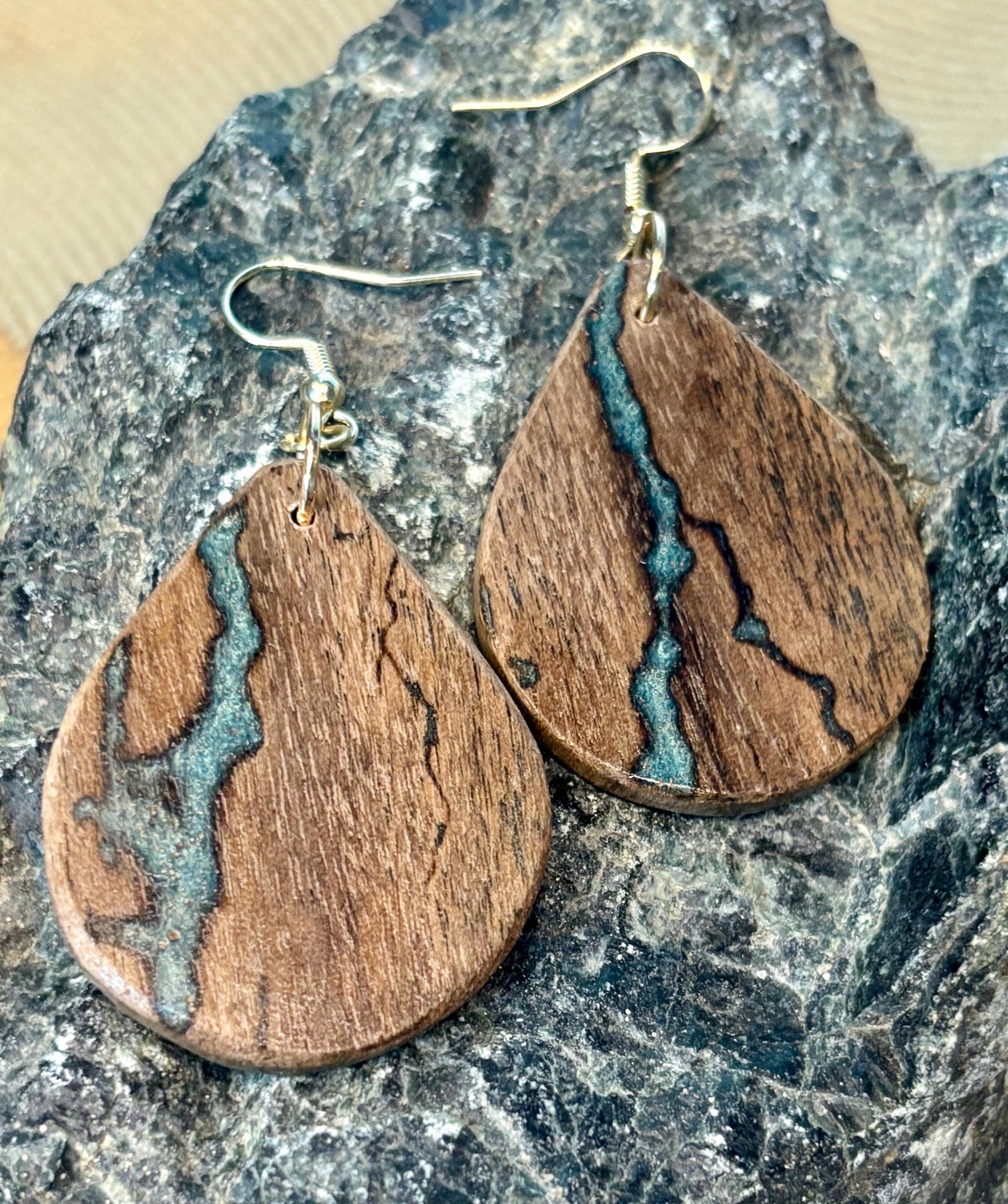 Black Walnut Teardrop Earrings | Teal Resin Inlay Boho Wood Earrings Consecrated Jewelry Co.