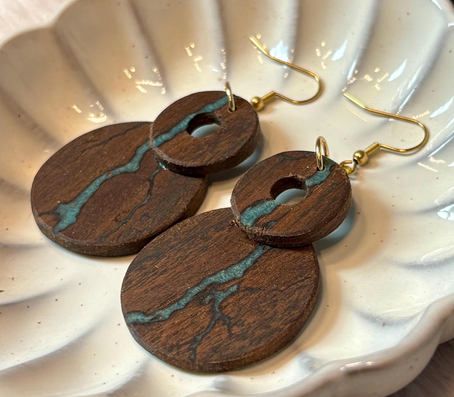 Black Walnut Dangle Earrings | Teal Resin Inlay Boho Wood Earrings Consecrated Jewelry Co.