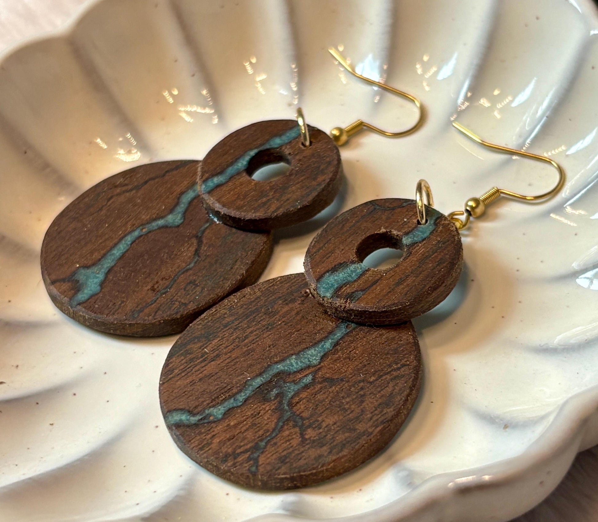 Black Walnut Dangle Earrings | Teal Resin Inlay Boho Wood Earrings Consecrated Jewelry Co.