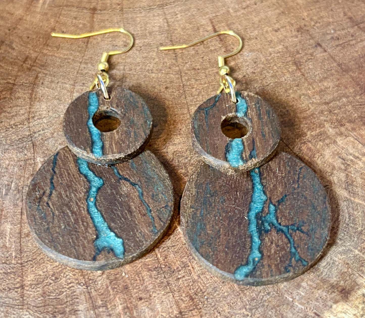 Black Walnut Dangle Earrings | Teal Resin Inlay Boho Wood Earrings Consecrated Jewelry Co.