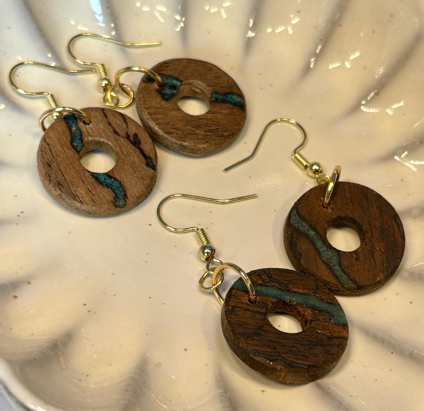 Black Walnut Circle Earrings | Teal Resin Inlay Boho Wood Earrings Consecrated Jewelry Co.