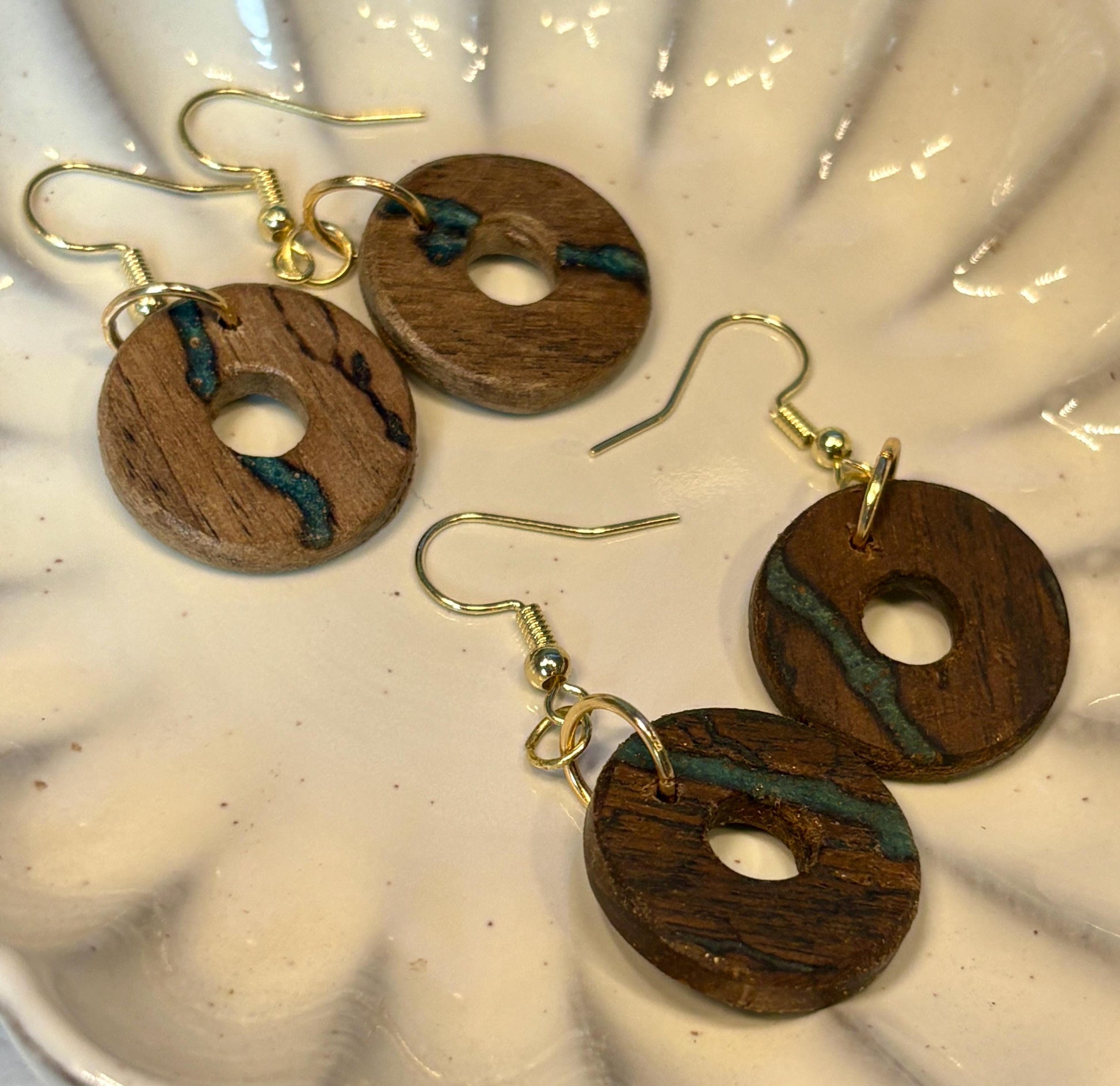 Black Walnut Circle Earrings | Teal Resin Inlay Boho Wood Earrings Consecrated Jewelry Co.