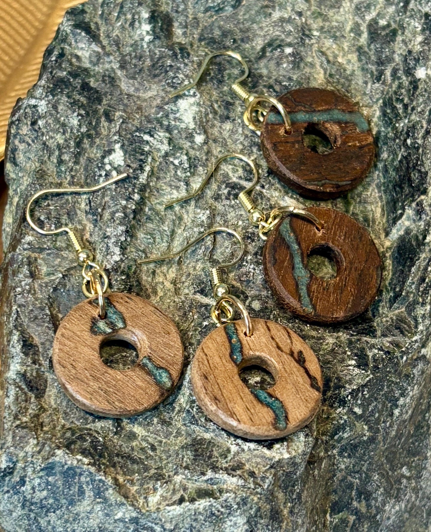 Black Walnut Circle Earrings | Teal Resin Inlay Boho Wood Earrings Consecrated Jewelry Co.