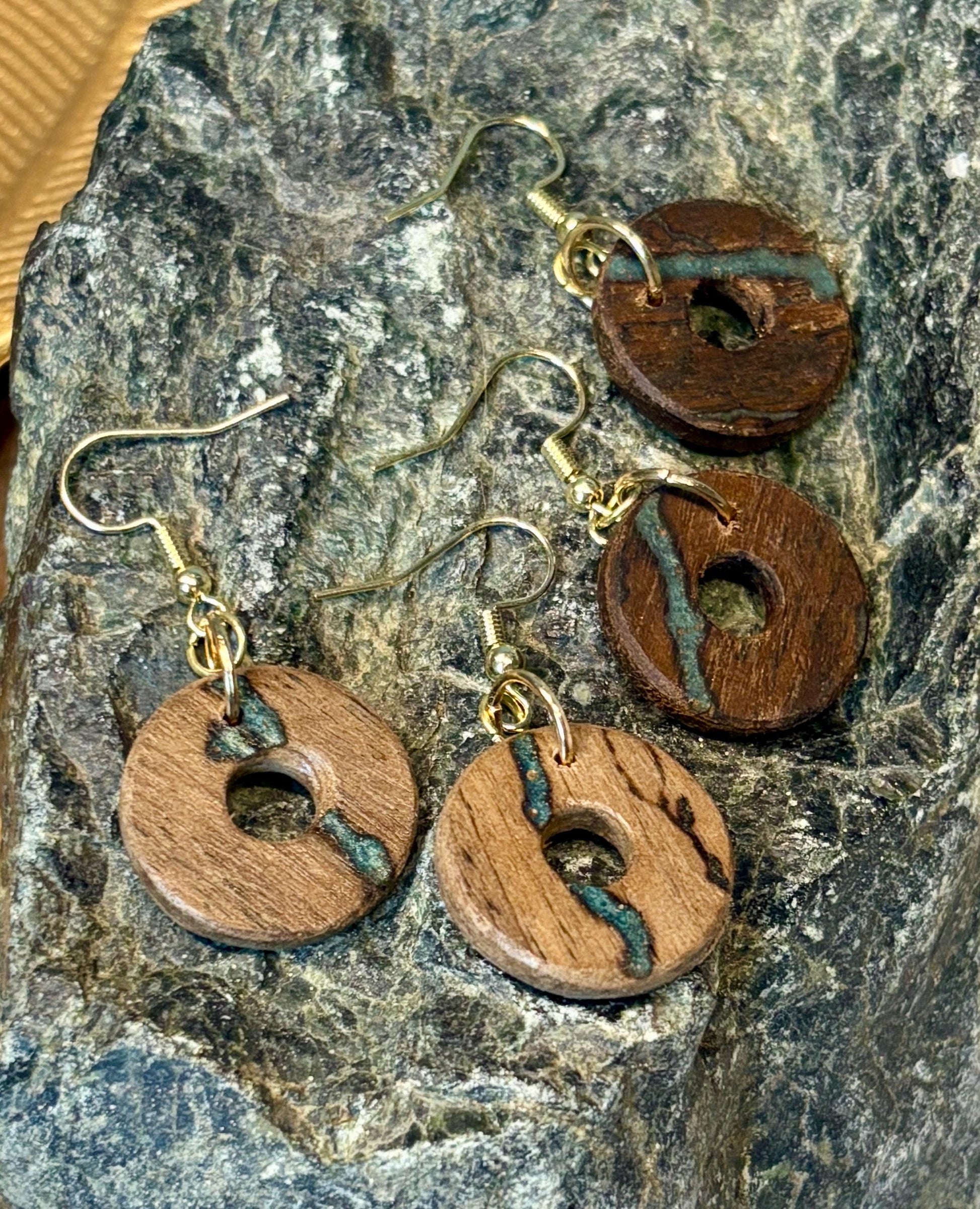 Black Walnut Circle Earrings | Teal Resin Inlay Boho Wood Earrings Consecrated Jewelry Co.