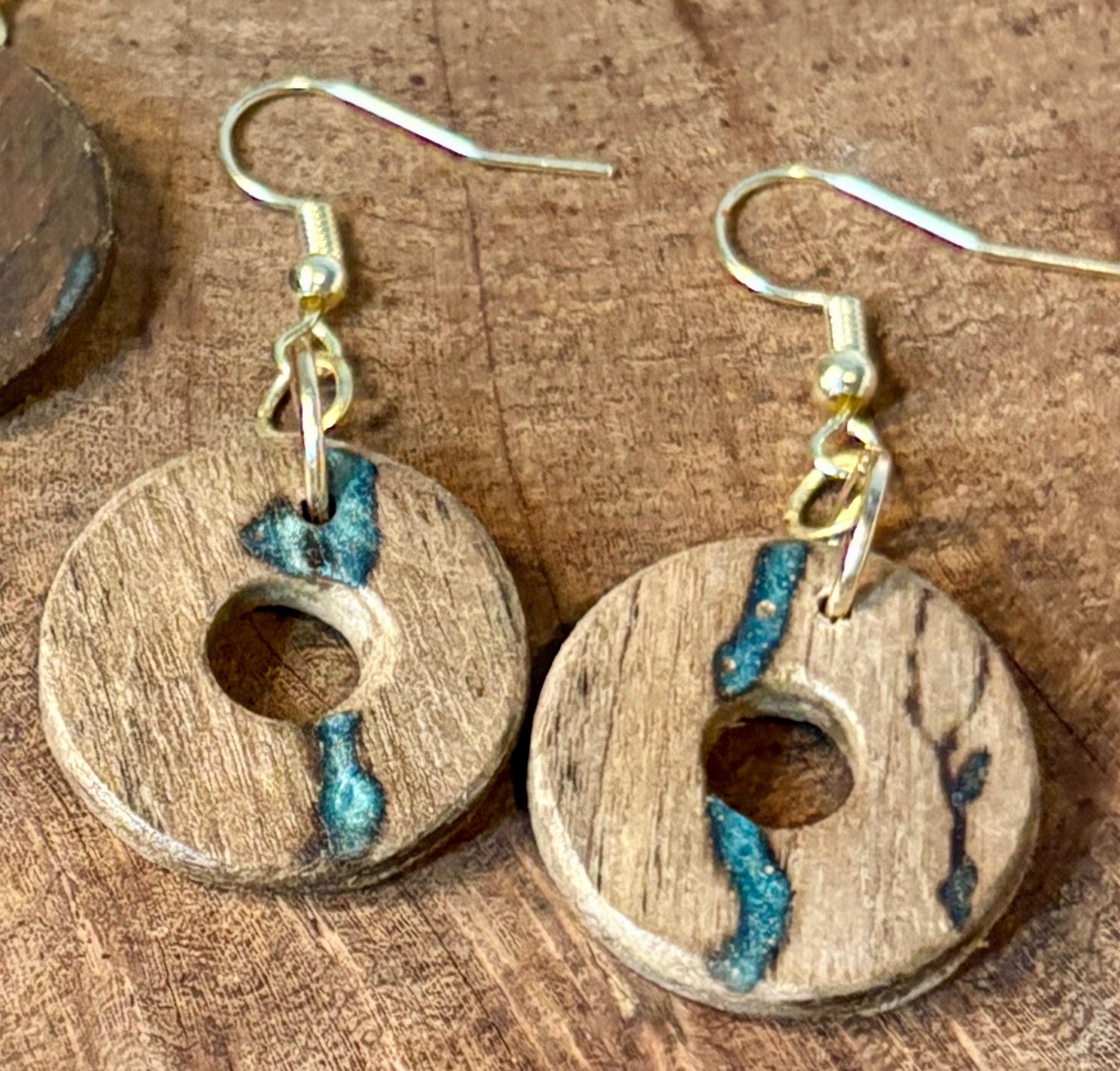 Black Walnut Circle Earrings | Teal Resin Inlay Boho Wood Earrings Consecrated Jewelry Co.