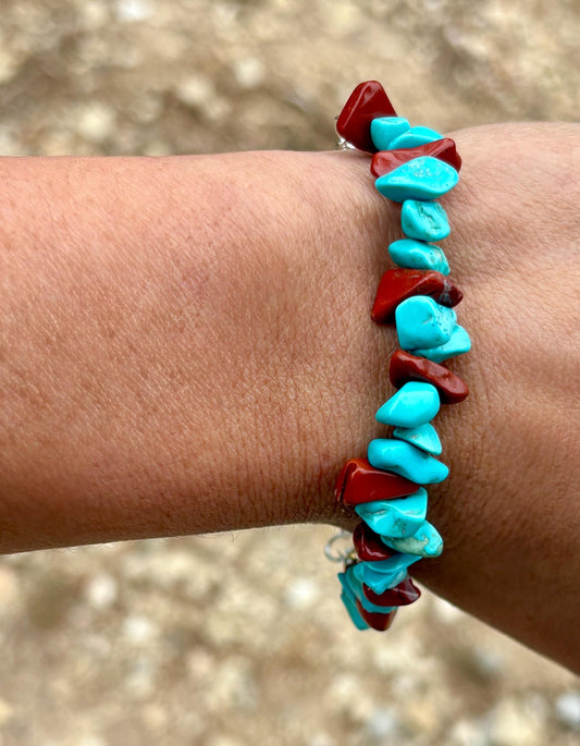 Teal Turquoise & Orange Rock Bead Bracelet | Silver Adjustable Chain | Consecrated Jewelry Co. Bracelets Consecrated Jewelry Co.