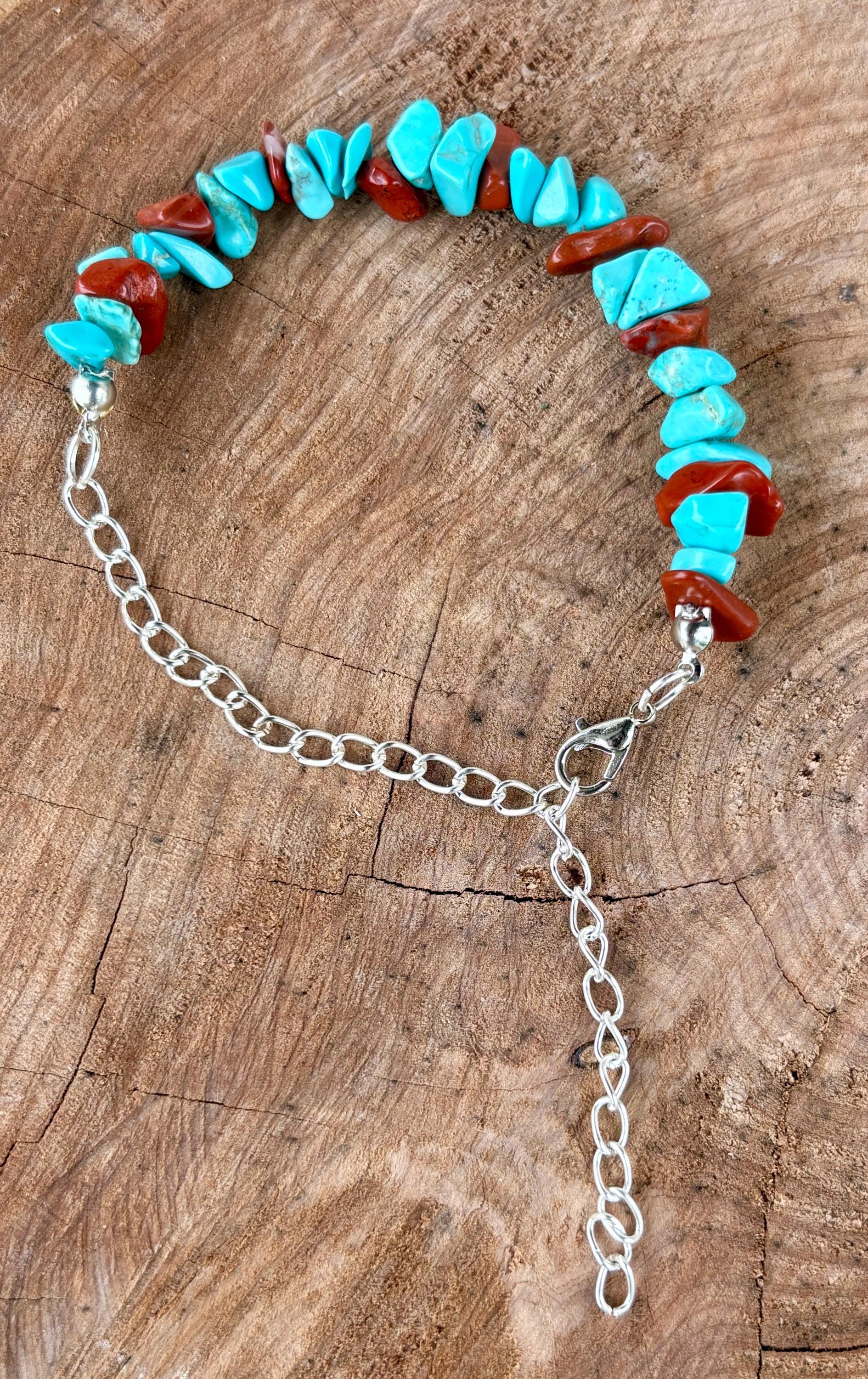 Teal Turquoise & Orange Rock Bead Bracelet | Silver Adjustable Chain | Consecrated Jewelry Co. Bracelets Consecrated Jewelry Co.