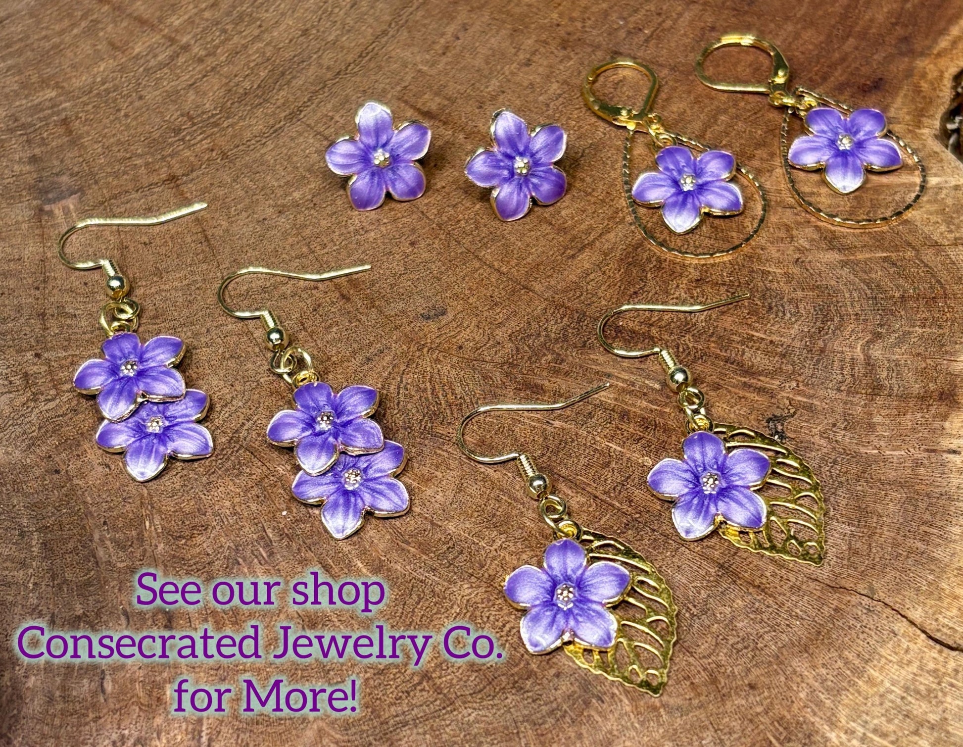 Gold Teardrop Earrings | Dainty Purple Flower Floral Huggie Earrings Consecrated Jewelry Co.