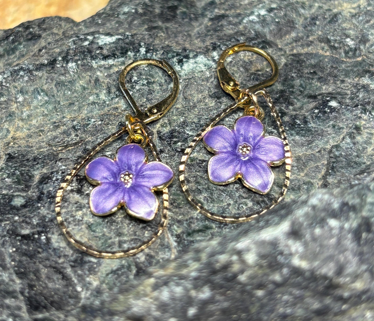 Gold Teardrop Earrings | Dainty Purple Flower Floral Huggie Earrings Consecrated Jewelry Co.