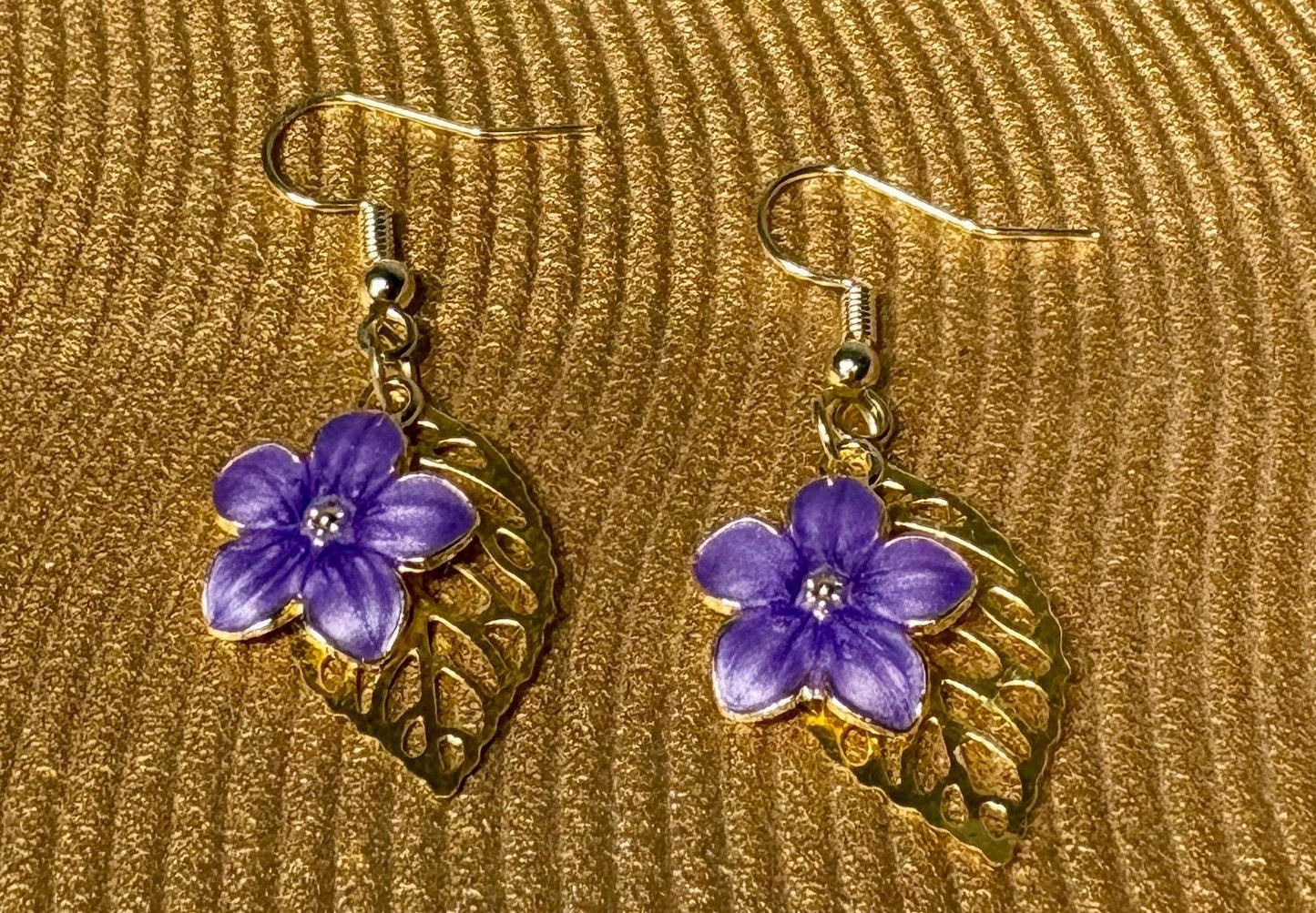 Gold Leaf Purple Flower Earrings | Dainty Floral Dangle Earrings Consecrated Jewelry Co.