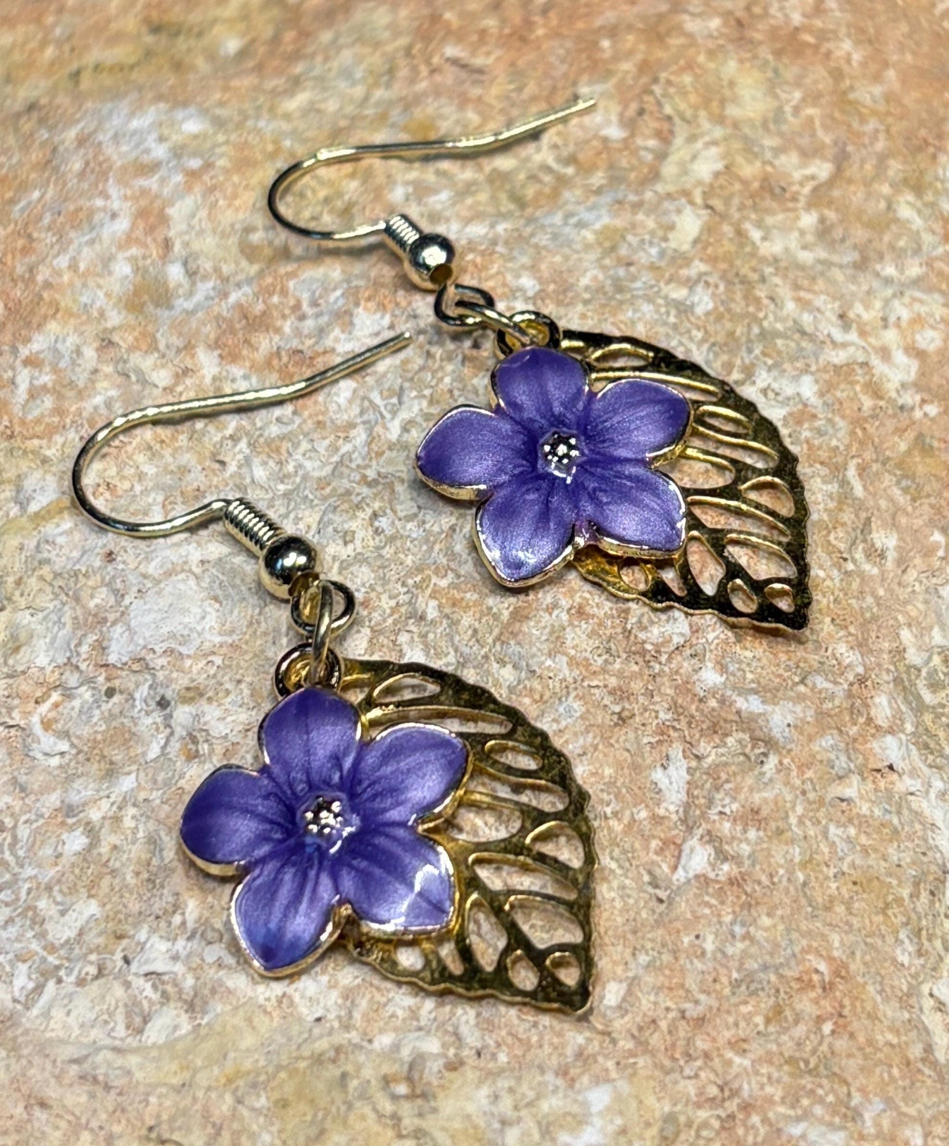 Gold Leaf Purple Flower Earrings | Dainty Floral Dangle Earrings Consecrated Jewelry Co.