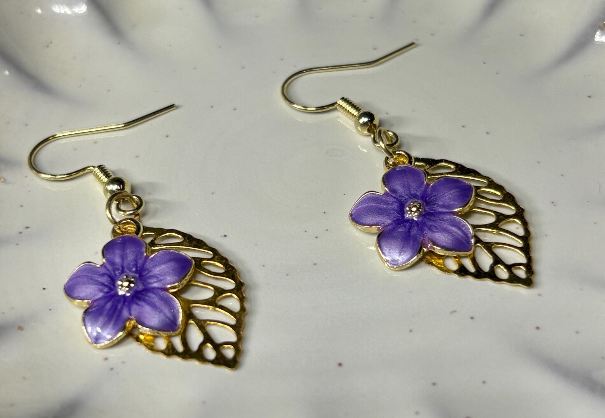 Gold Leaf Purple Flower Earrings | Dainty Floral Dangle Earrings Consecrated Jewelry Co.